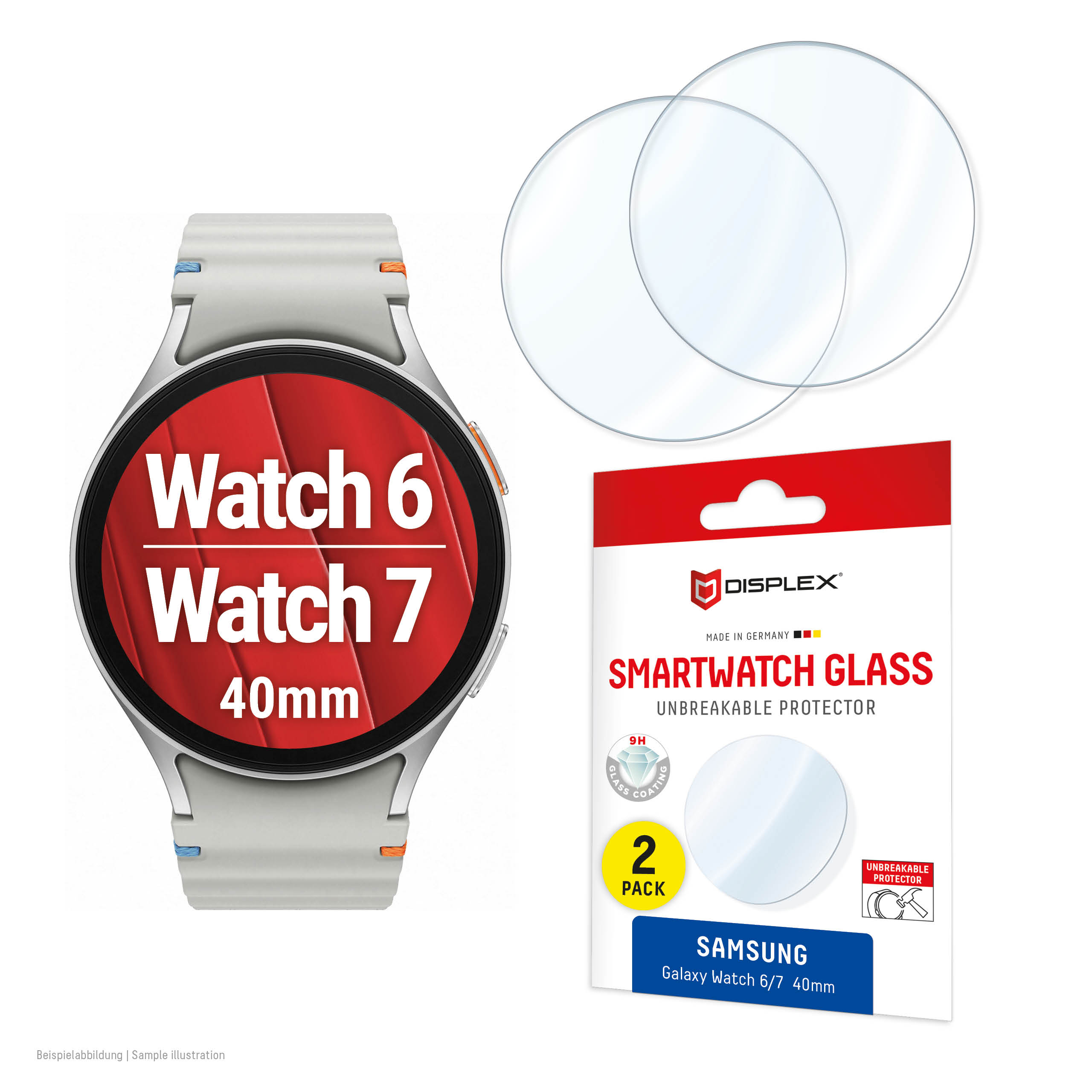 Displex 9H Glass Galaxy Watch 7/6 (40mm), 2-Pack, Ultra-Thin, Borderless, Anti-Smudge, Made in Germany