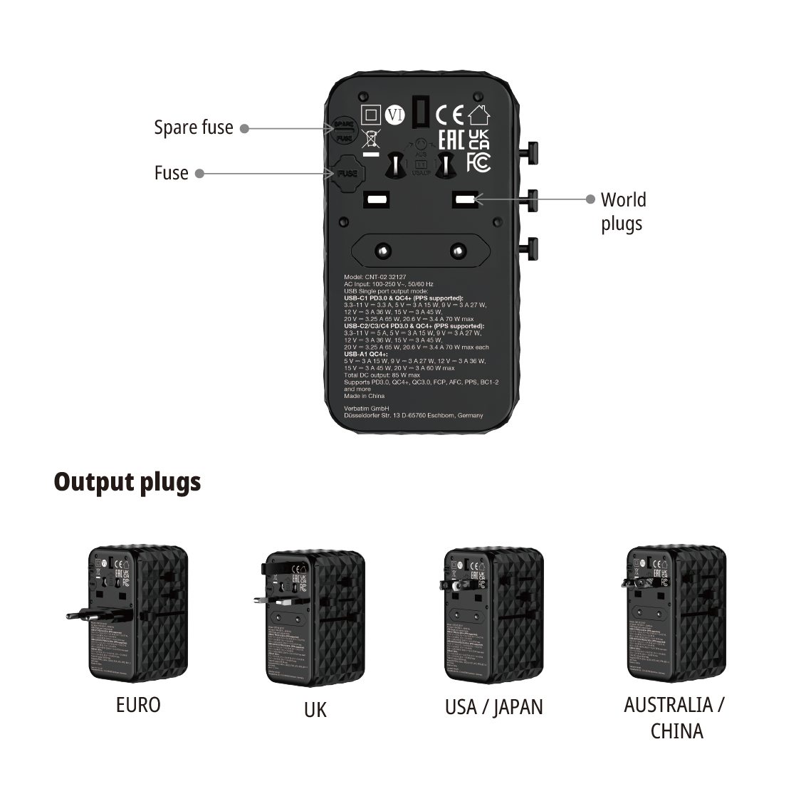 Resim Verbatim Charge 'n' Travel Diamond 85W CNT-02 AC Şarj Cihazı, 1x USB 2.0, 3x USB Type-C, Siyah
