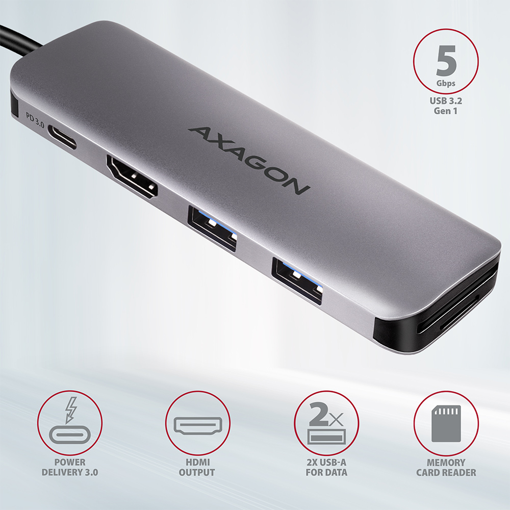Axagon HMC-5 USB 3.2 Gen 1 hub, 2x USB-A, HDMI, SD/microSD, PD – image 2