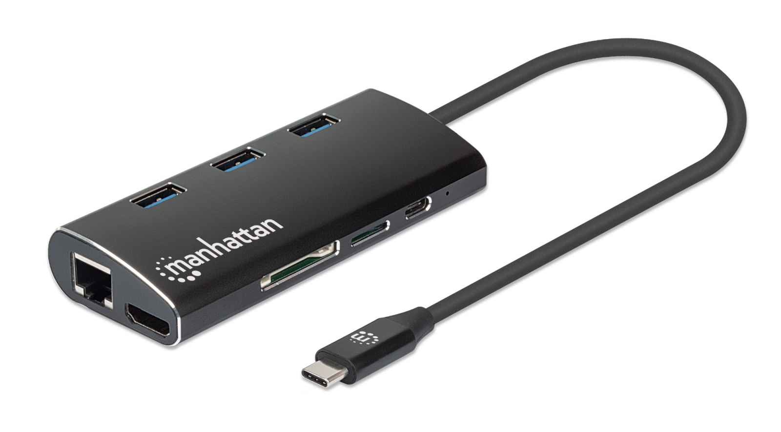 Manhattan USB-C Dock/Hub with Card Reader, Ports (x6): Ethernet, HDMI, USB-A (x3) and USB-C, With Power Delivery (100W) to USB-C Port (Note additional USB-C wal – image 1
