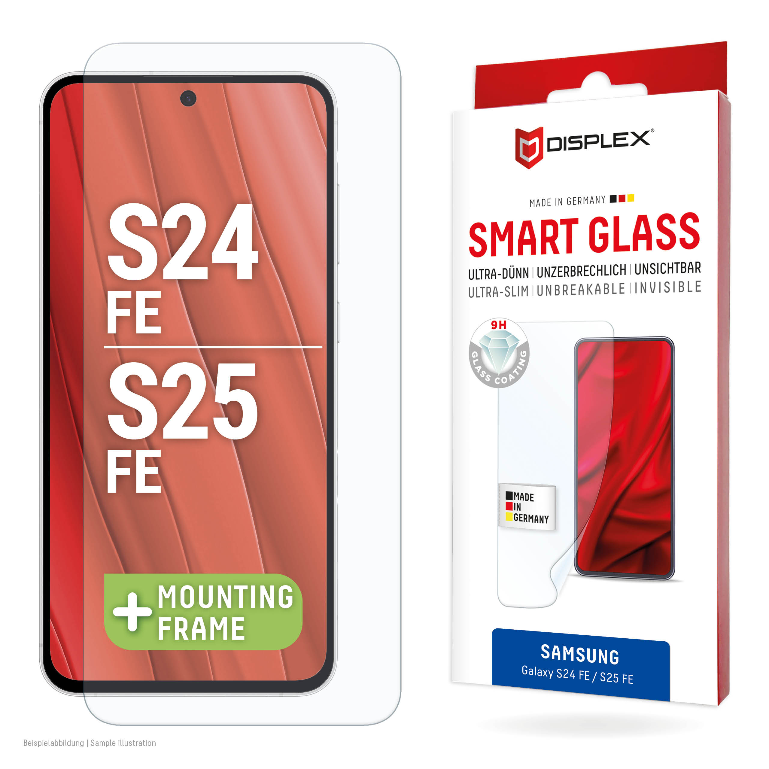 Displex Smart Glass (9H) for Samsung Galaxy S25 FE/S24 FE, Mounting Sticker, unbreakable