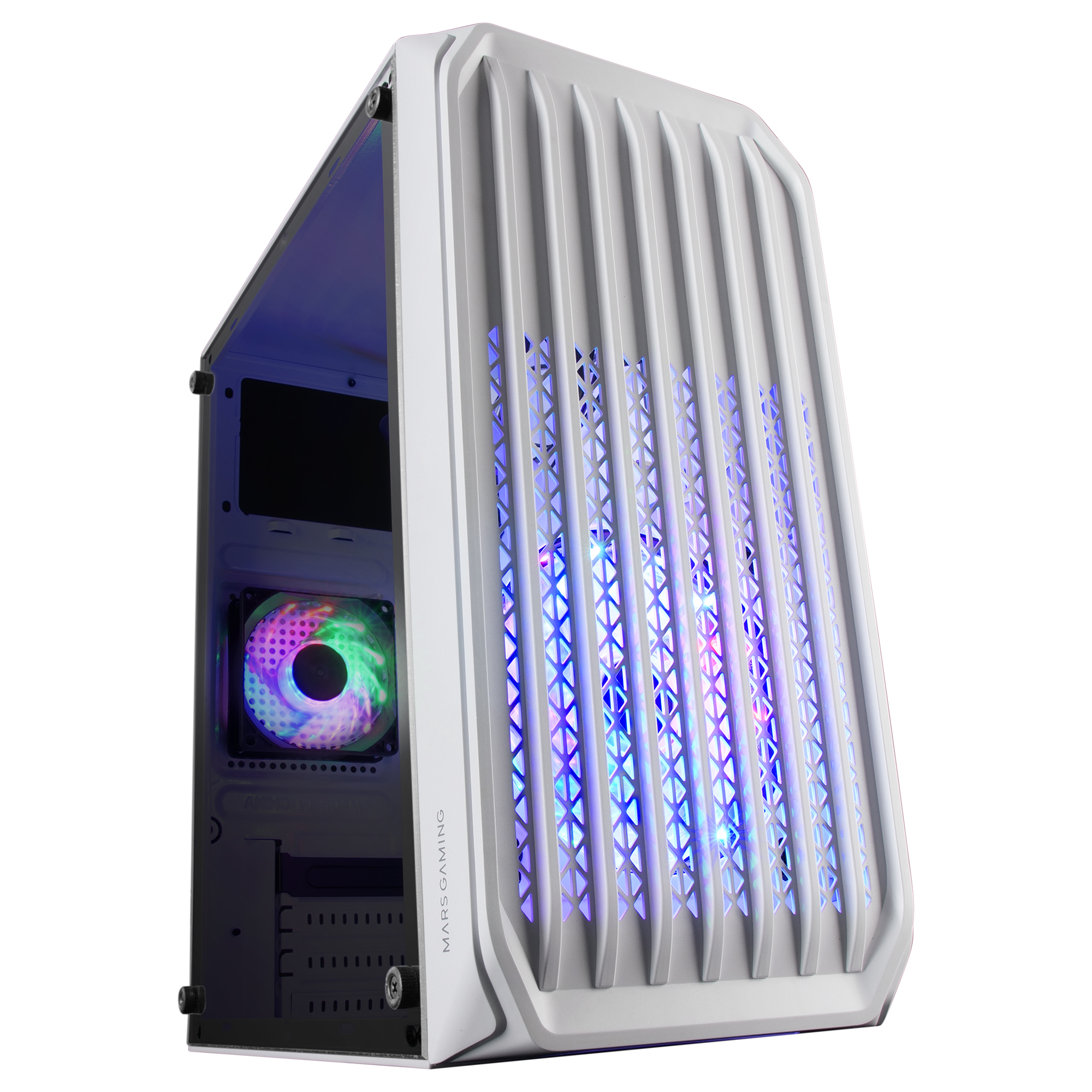 Mars Gaming MC-S2 White Compact Micro-ATX Gaming PC Case 2 FRGB Rainbow Fans with Front Grille Full Side Window – image 1