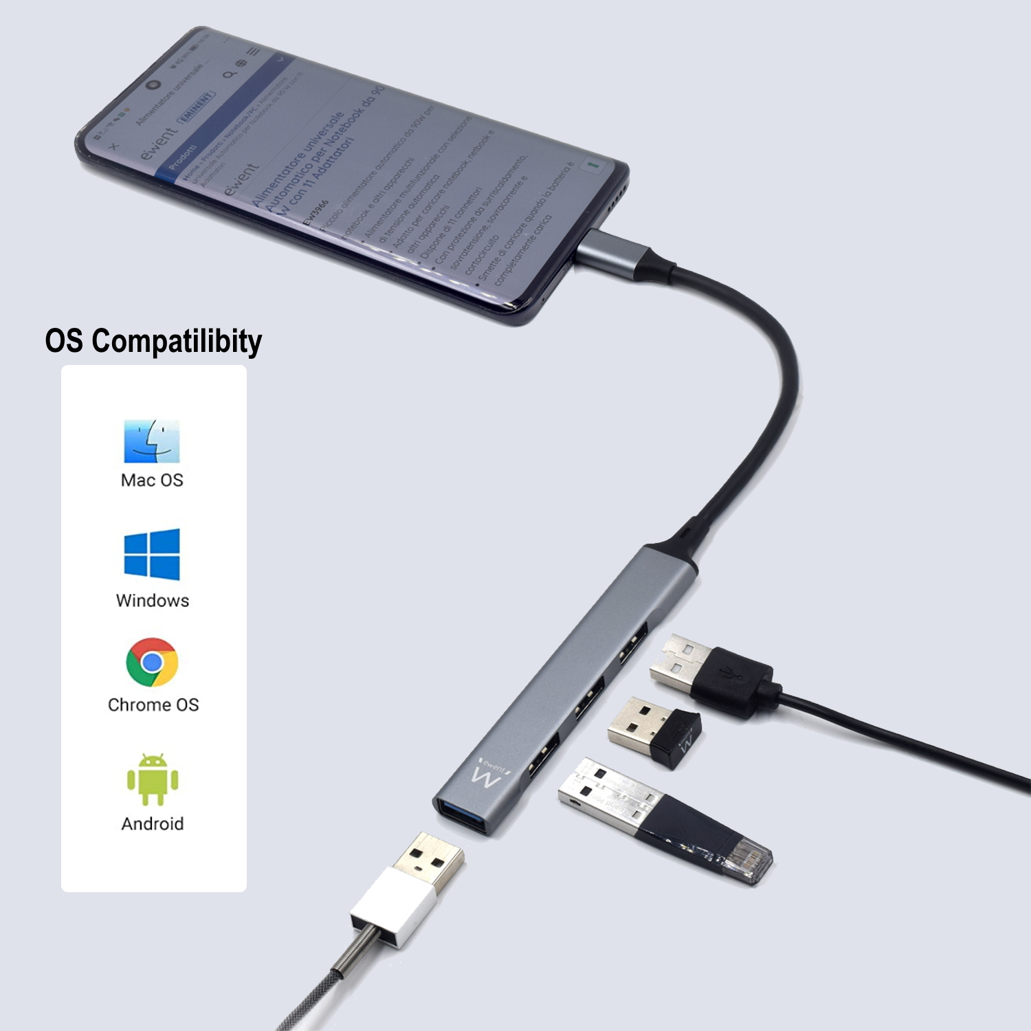 Ewent EW1145 interface hub USB 3.2 Gen 1 (3.1 Gen 1) Type-C 5000 Mbit/s Grey, Silver – image 4