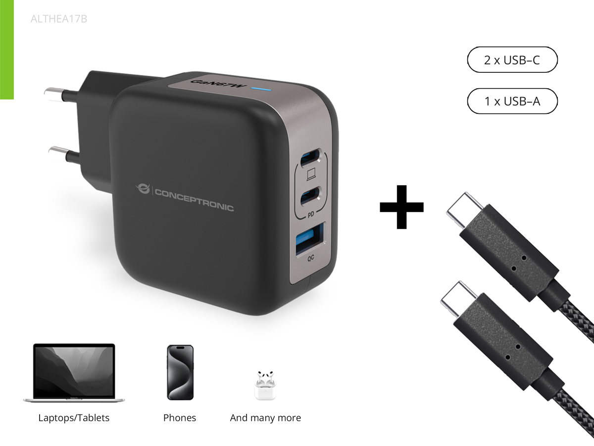 Conceptronic 3-Port 67W GaN USB PD Charger with USB-C Charging Cable, USB-C x 2, USB-A x 1, QC 3.0, PPS – image 4