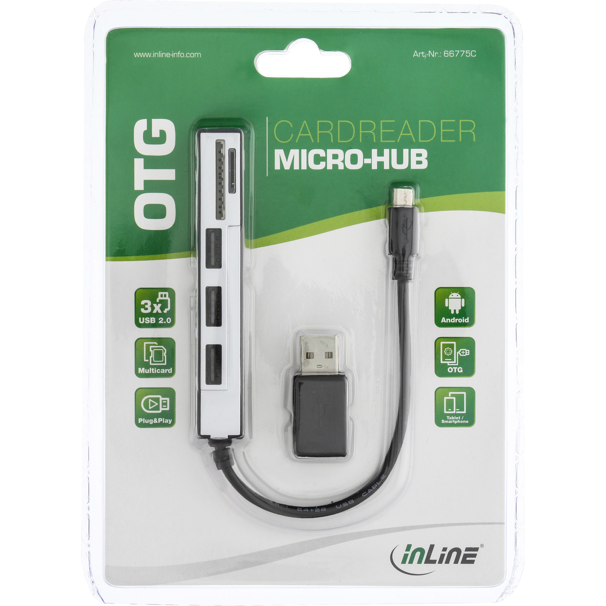 InLine USB OTG Cardreader & 3 Port USB 2.0 Hub for SDXC & microSD + adapter – image 2