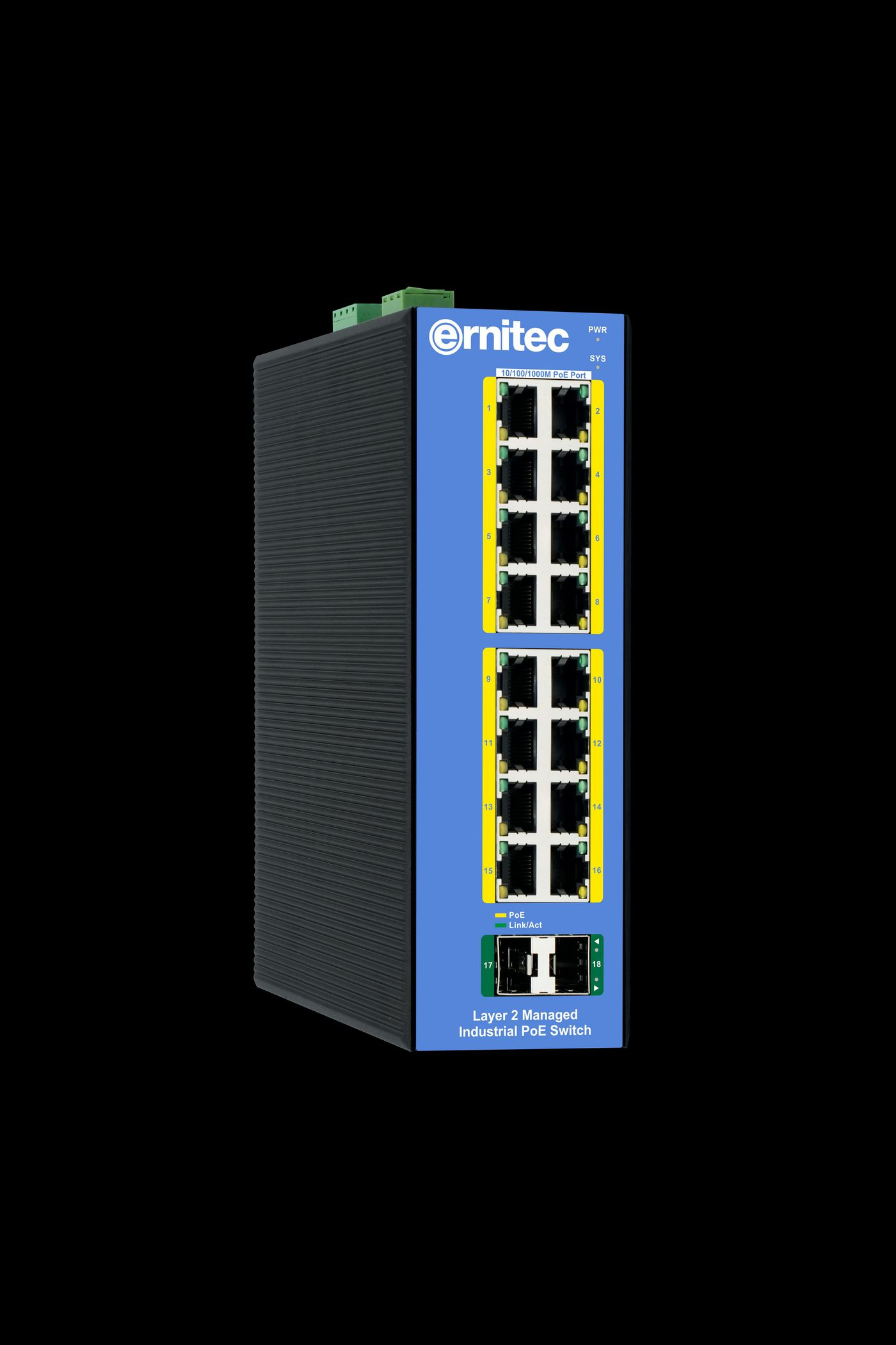 Ernitec 16-port PoE 1000Mbps Industrial L2+ Managed Switch, 2 *1000Mbps SFP Uplink ports 1 * Console port