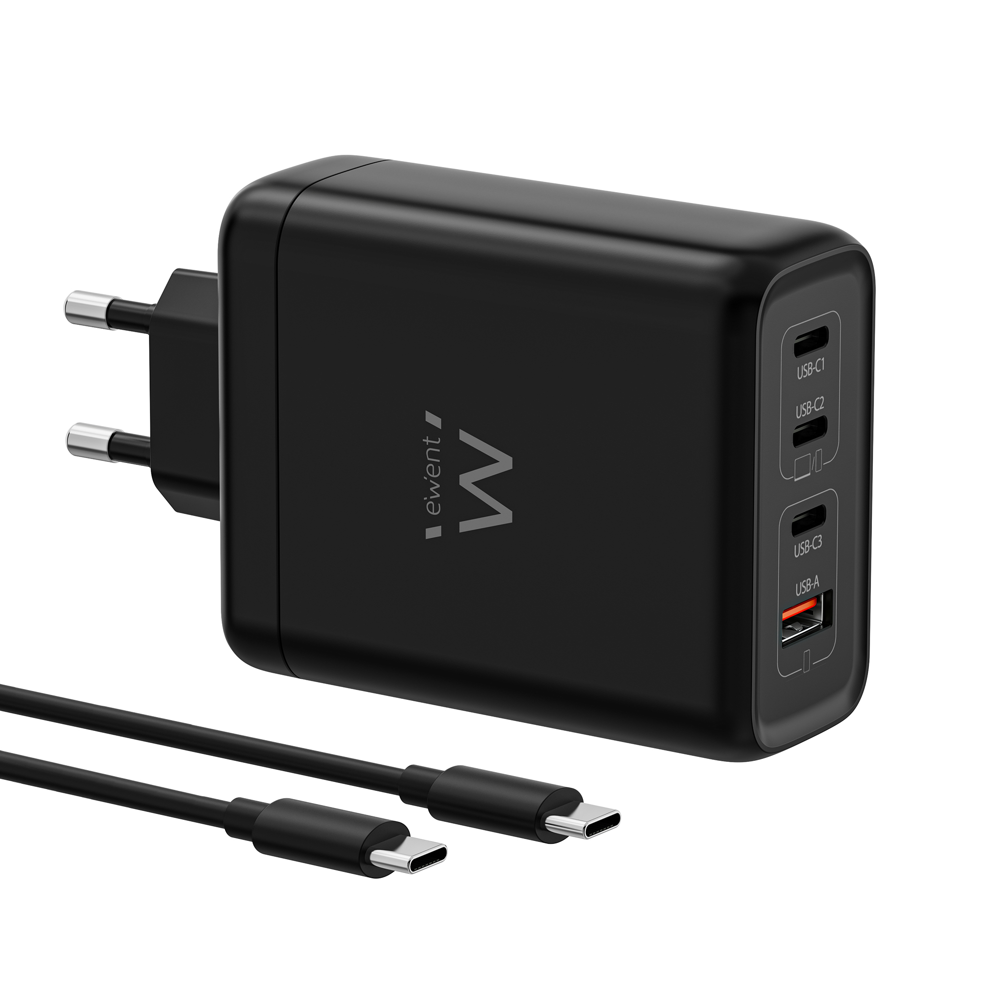 Ewent 140W GaN Fast 4-port (3 USB-C PD and 1 USB-A QC) charger Compact Design with 2m USB-C Cable – image 1