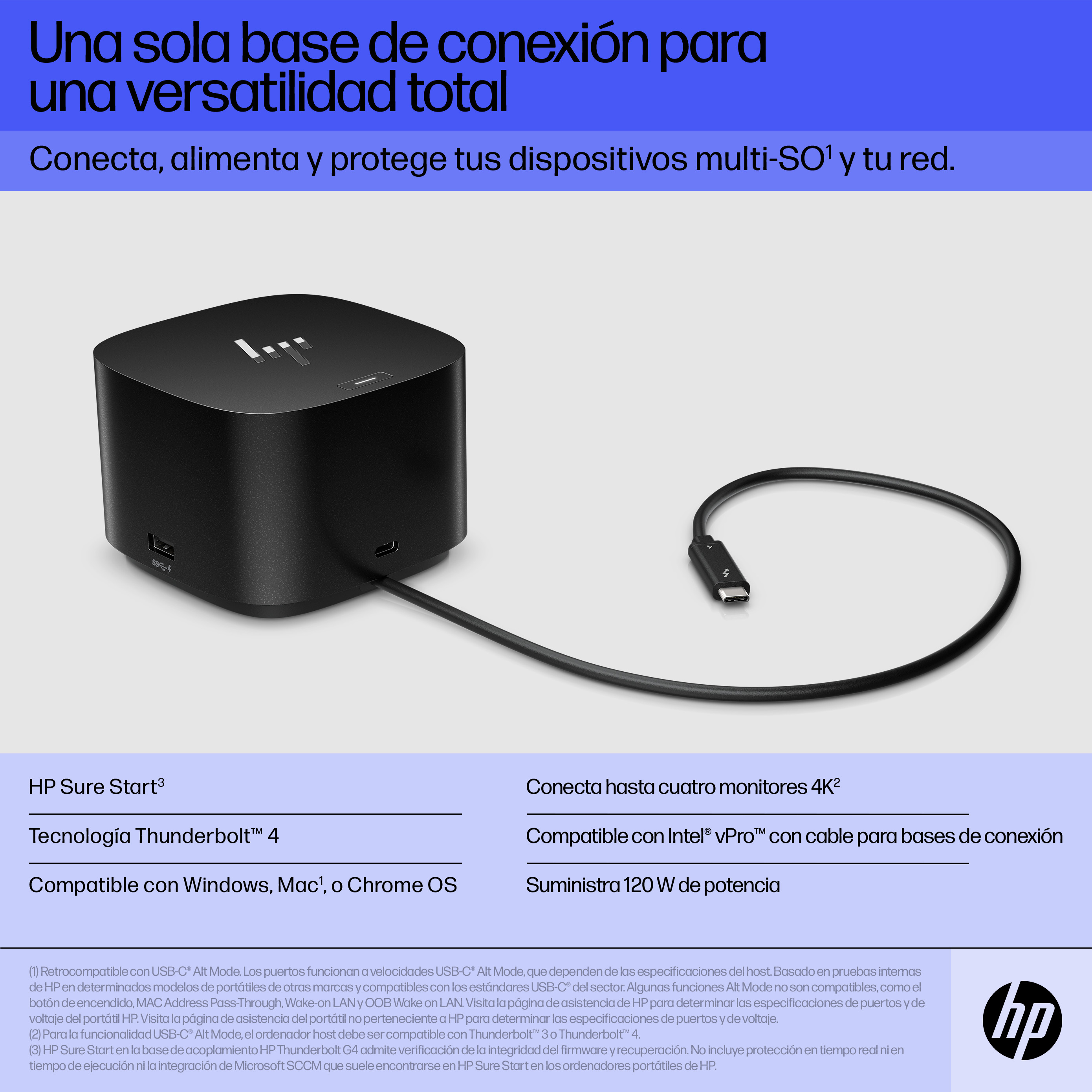 HP Thunderbolt Dock 120W G4. Connectivity technology: Wired, Host interface: Thunderbolt 4. Product colour: Black, Cable l