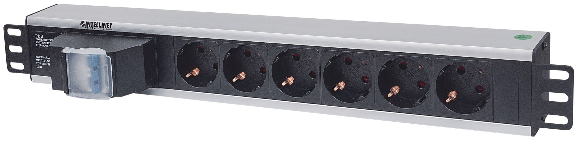 Intellinet 19" 1.5U Rackmount 6-Output Power Distribution Unit (PDU) EU CEE 7/3 Outlets, With Double Air Switch, No Surge Protection, Built-in 1.8m Power Cord w