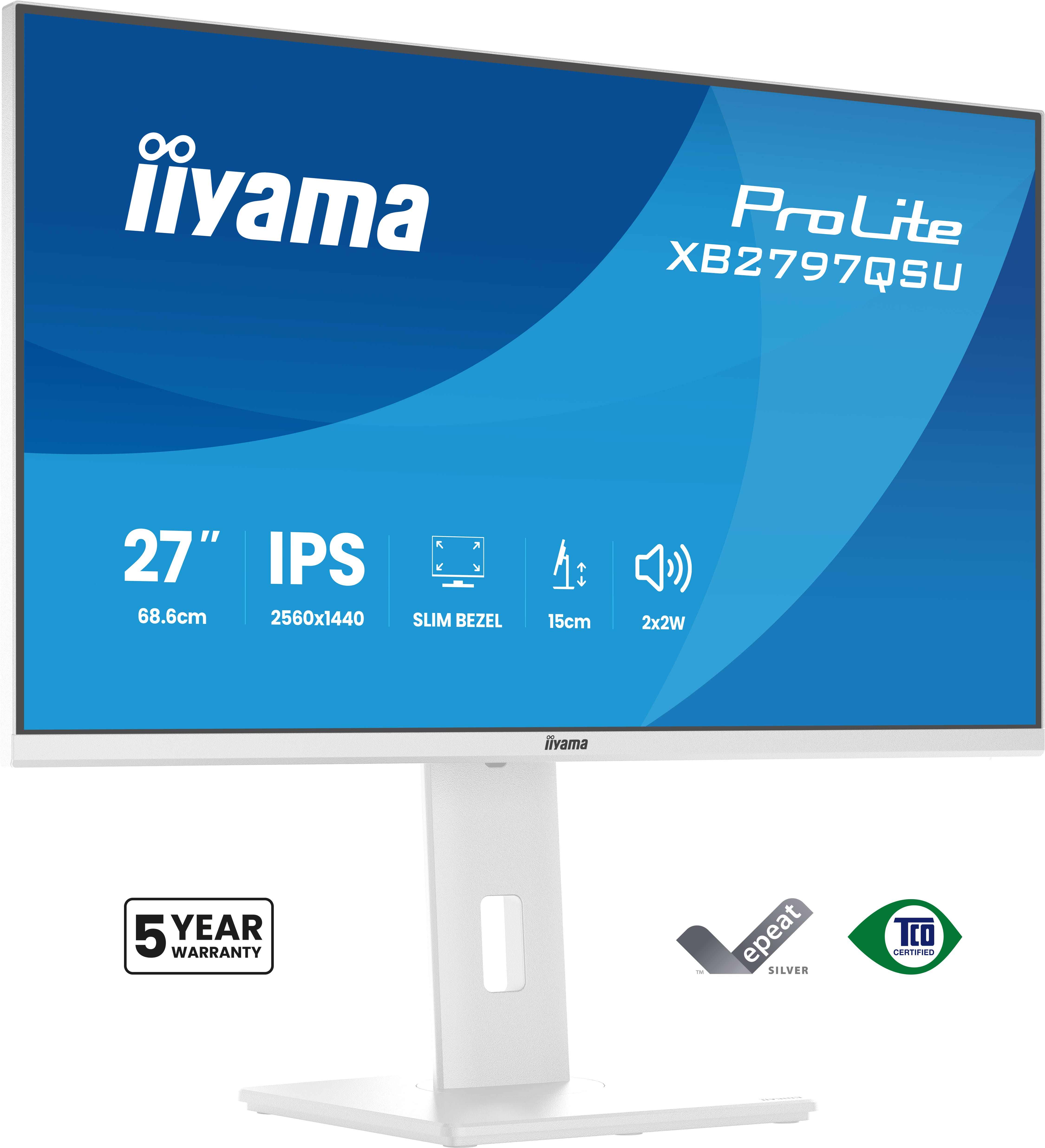 iiyama ProLite XB2797QSU-W1 - LED monitor - 27" - 2560 x 1440 QHD @ 75 Hz - IPS - 350 cd/m� - 1000:1 - 1 ms - 2xHDMI, DisplayPort - speakers - white, matte