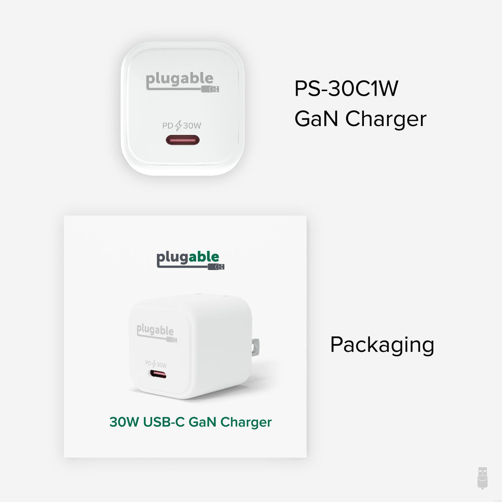 Resim Plugable Technologies PS-30C1W AC Güç Kaynaklı İç Mekan USB Tip-C Şarj Cihazı, 20V Maksimum Çıkış, Beyaz
