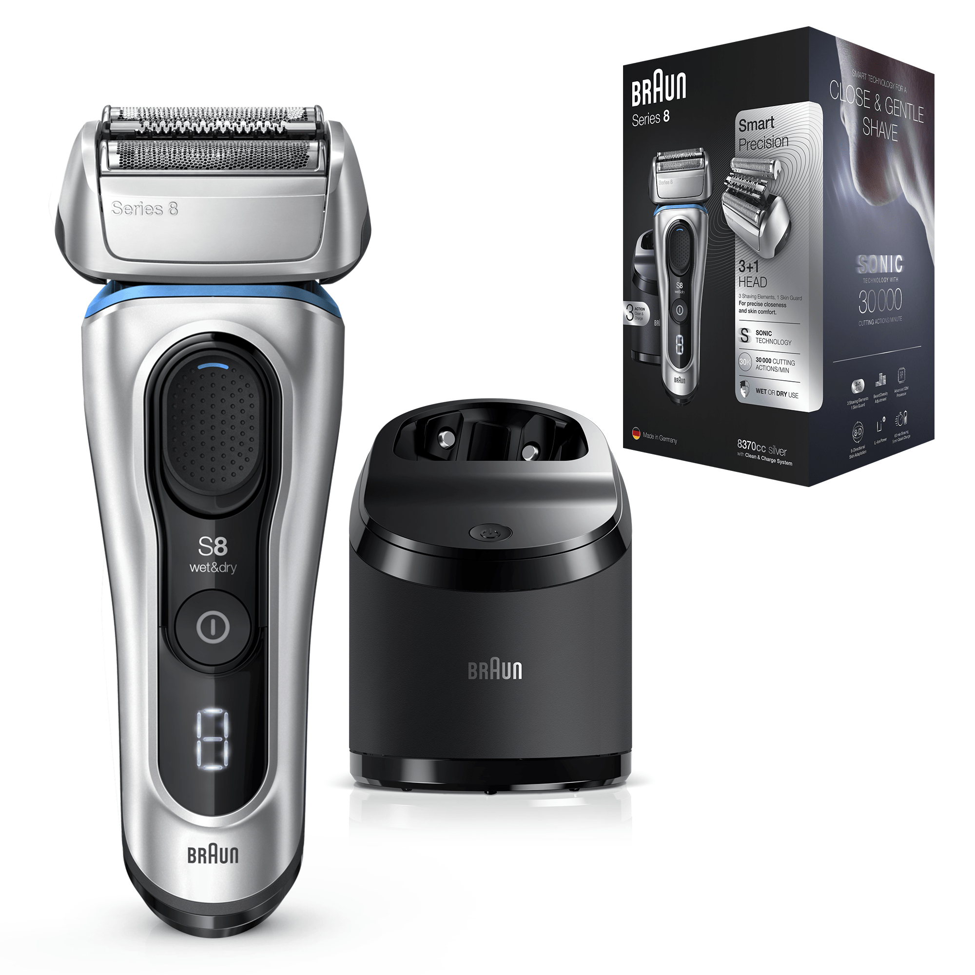Braun Series 8 8370cc Next Generation Electric Shaver, Clean&Charge Station, Fabric Case, Silver – image 4