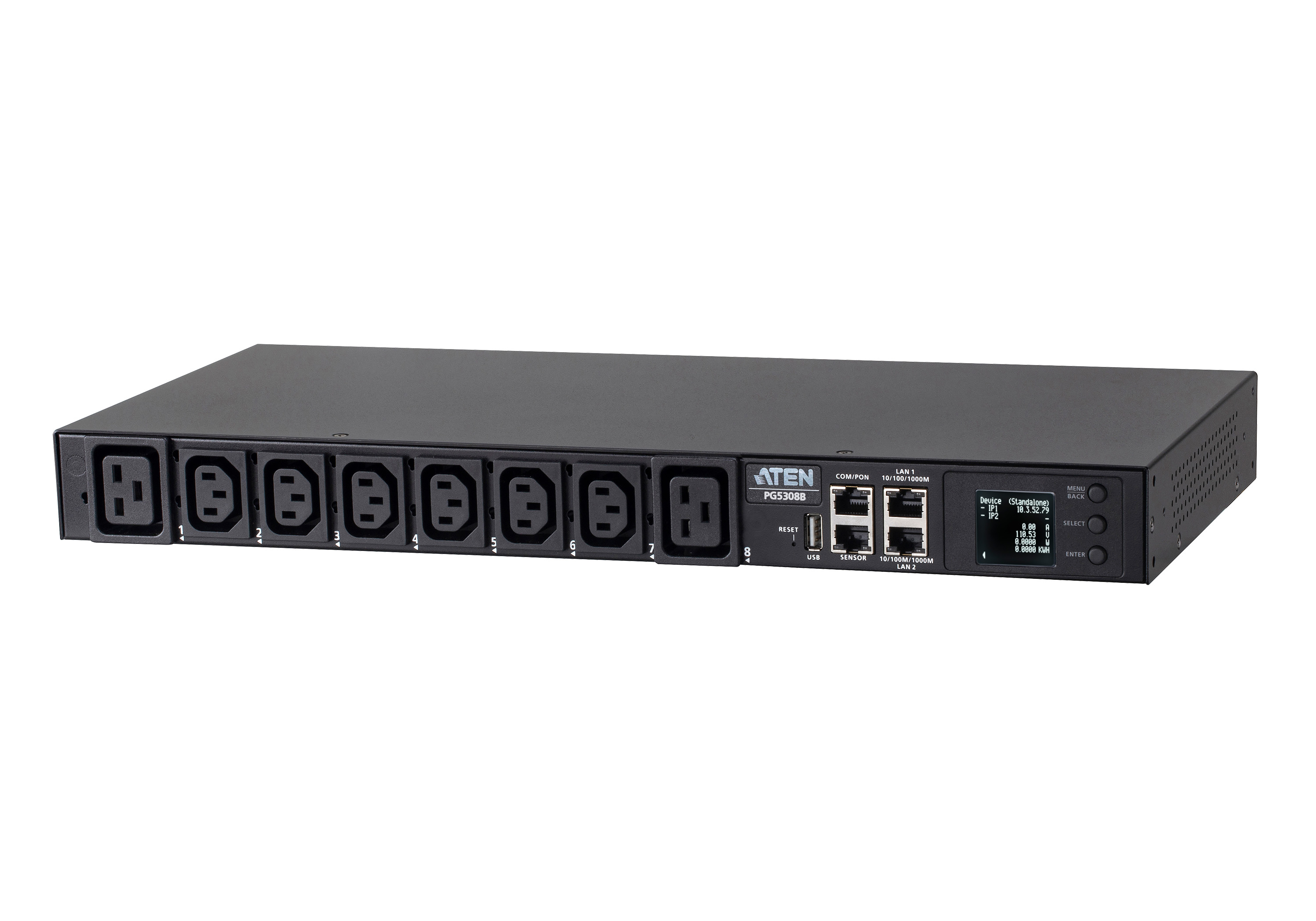 ATEN PG series PG5308G - Power distribution unit (rack-mountable) - 30A/32A, metered, eco - AC 100-240 V - 7680 VA - Ethernet 10/100/1000 - input: IEC 60309 32A - output connectors: 8 (6 x IEC 60320 C13, 2 x IEC 60320 C19) - 1U - 3 m cord