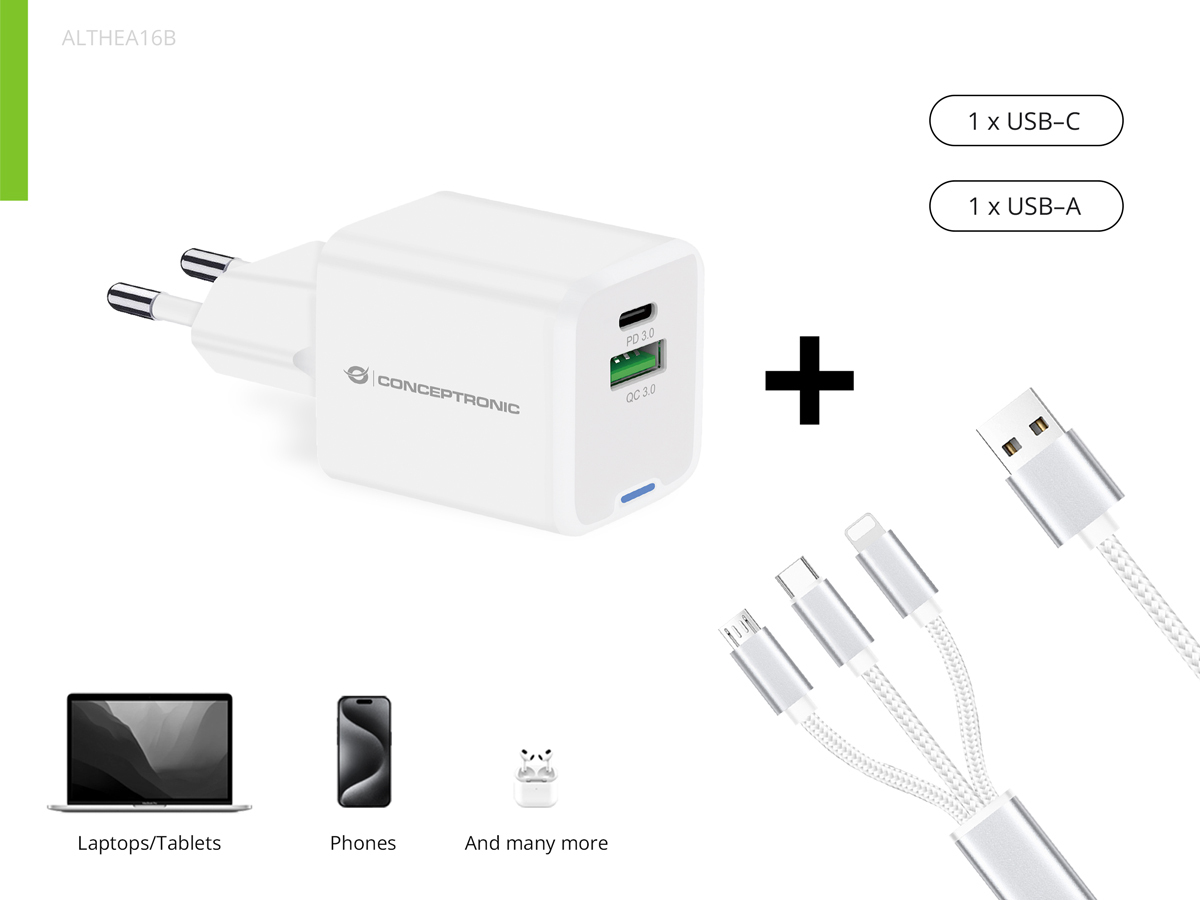Conceptronic 2-Port 33W GaN USB PD Charger with 3-in-1 Charging Cable, USB-C x 1, USB-A x 1, QC 3.0, PPS – image 5