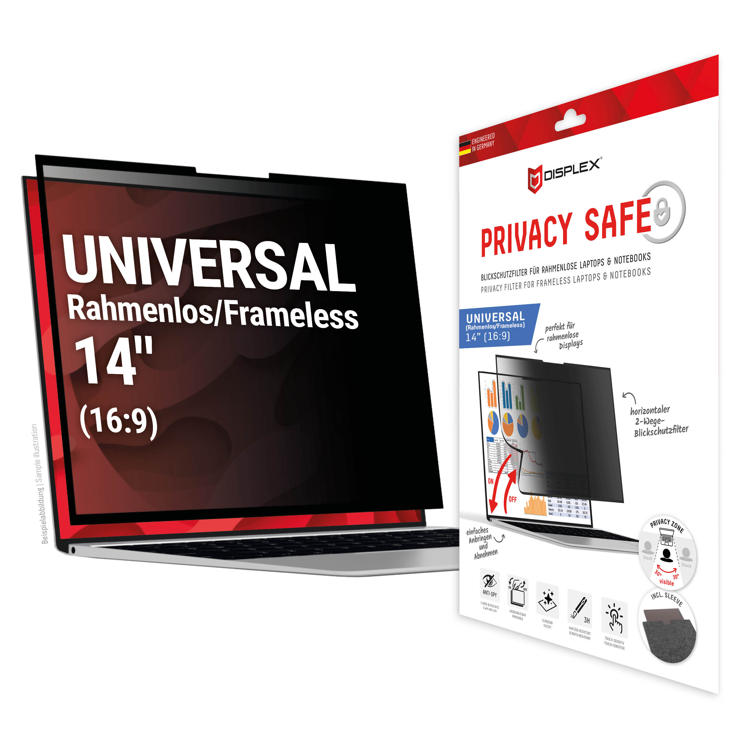 Displex PRIVACY SAFE removable 2-way privacy filter for Laptop/ Notebook (randlos/frameless) 14'' (16:9)