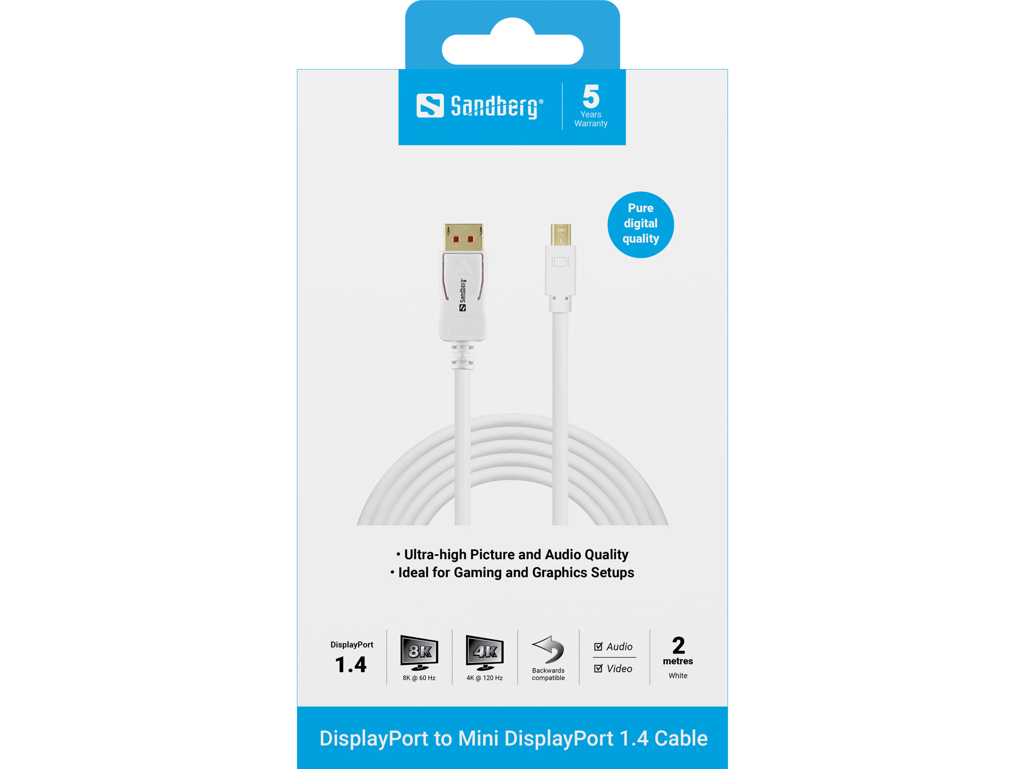 صورة كيبل Sandberg 509-17 DisplayPort إلى Mini DisplayPort، 2 متر، أبيض