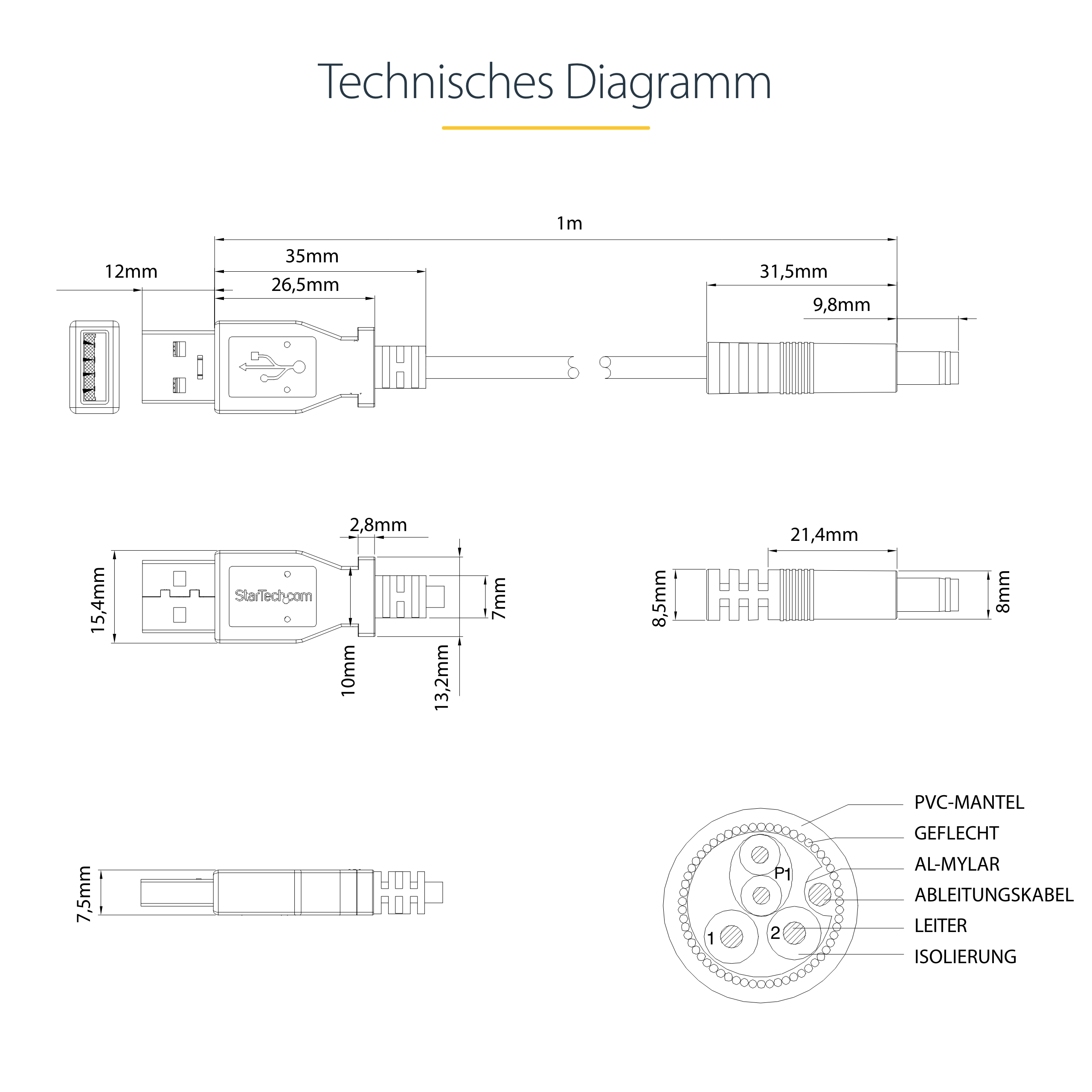 USB 2.0 auf Hohlstecker Typ N Kabel - USB A DC 5V 5,5mm Stecker 1m