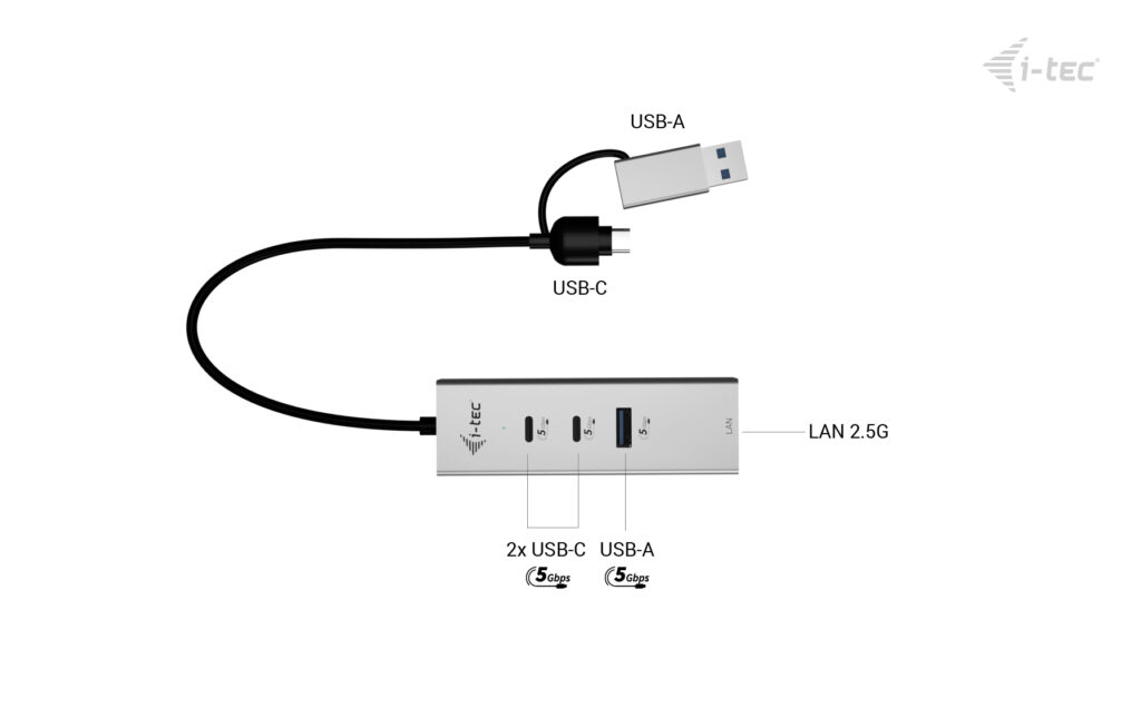 i-tec USB-C/USB-A Metal HUB 3 (2x USB-C, 1x USB-A) Port + 2.5GLAN