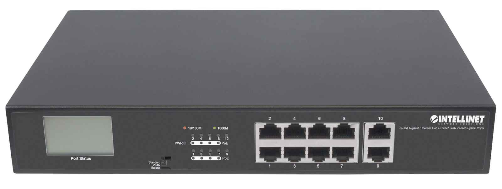 Intellinet 8-Port Gigabit Ethernet PoE+ Switch with 2 RJ45 Gigabit Uplink Ports and LCD Screen, LCD Display, IEEE 802.3at/af Power over Ethernet (PoE+/PoE) Comp