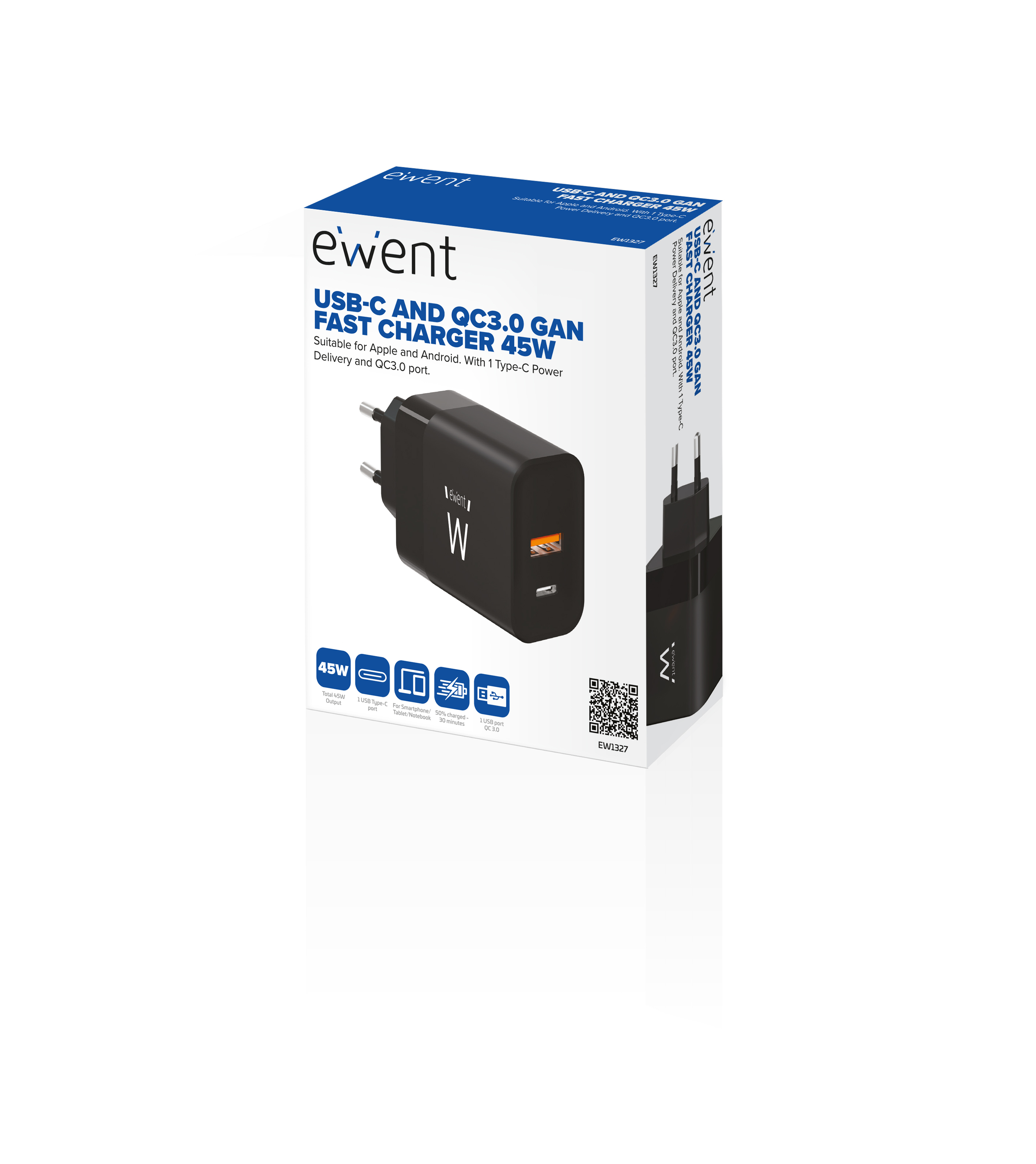 Resim Ewent EW1327 20V Max 1x USB 2.0 1x USB-C Siyah Ev İçİ AC Mobil Cihaz Şarj Cihazı