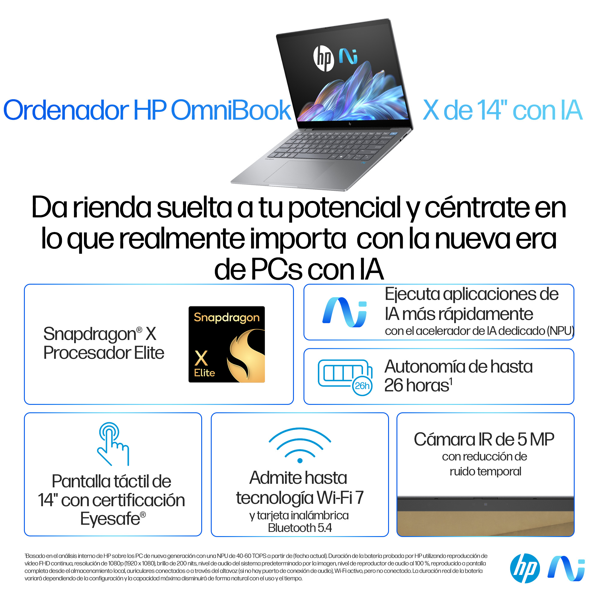 Portátil - HP OmniBook X 14- fe0002ns Copilot+ PC, 14" 2K, Snapdragon® Elite X1E-78-100 45 TOPS, 16GB RAM, 1TB SSD, Adreno Graphics, Windows 11 H - imagen 4