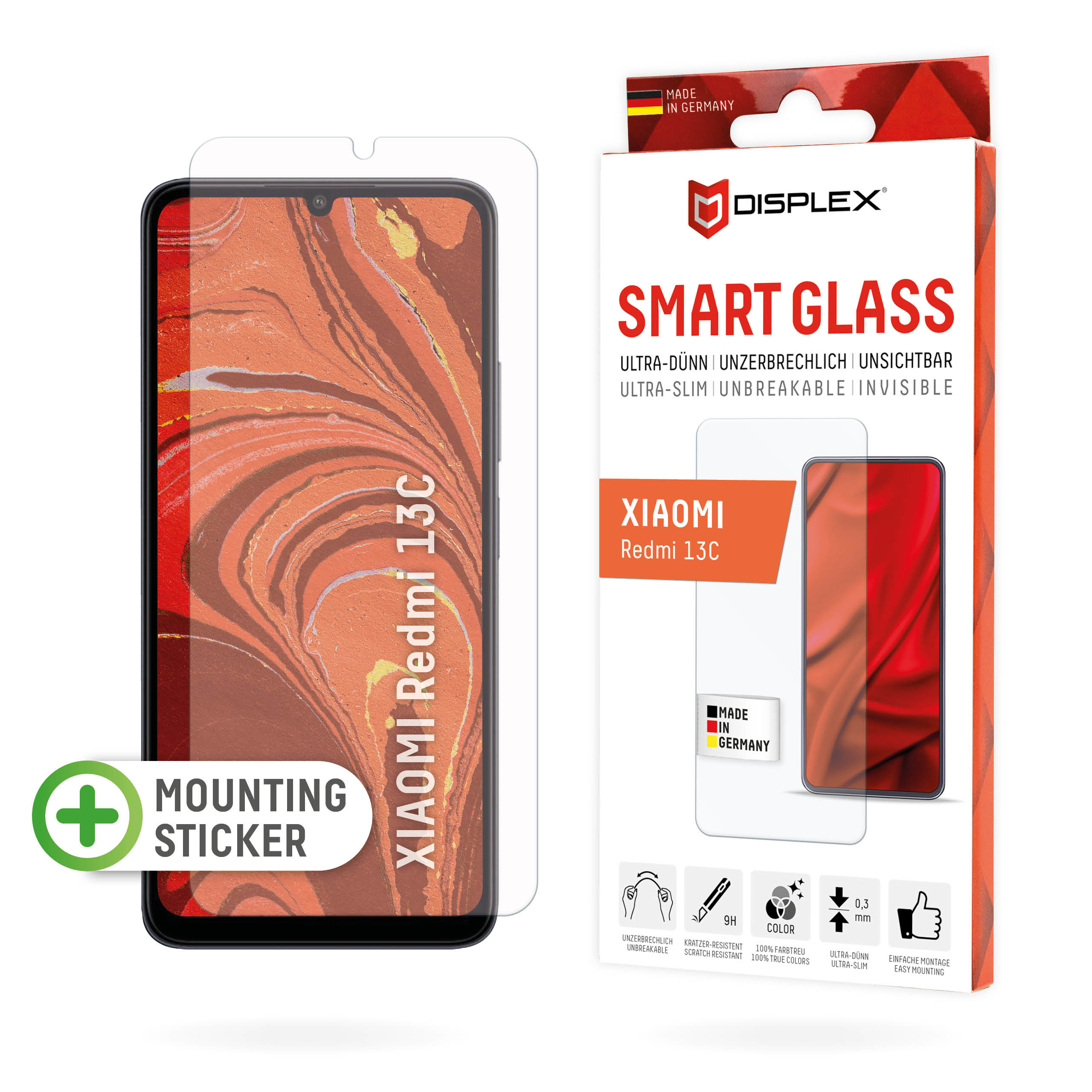 Displex Smart Glass (9H) for Xiaomi Redmi 13C, Mounting Sticker, unbreakable