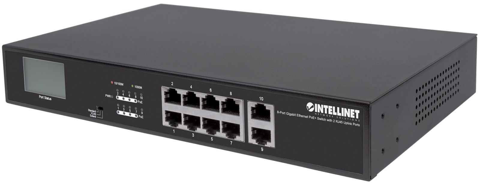Intellinet 8-Port Gigabit Ethernet PoE+ Switch with 2 RJ45 Gigabit Uplink Ports and LCD Screen, LCD Display, IEEE 802.3at/af Power over Ethernet (PoE+/PoE) Comp – image 4