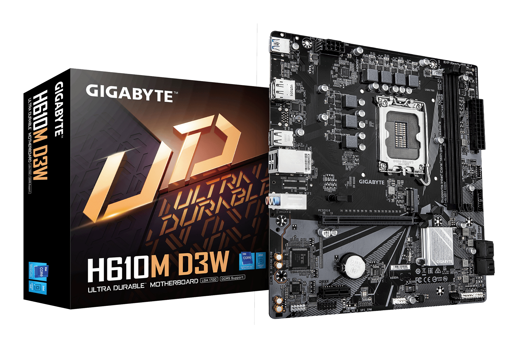 Gigabyte H610M D3W (Rev. 1.1) Intel 1700 Socket Motherboard, Micro-ATX, 2x DDR5 Slots, 1x M.2 Socket, GbE LAN, 1x DisplayPort / 1x HDMI Port