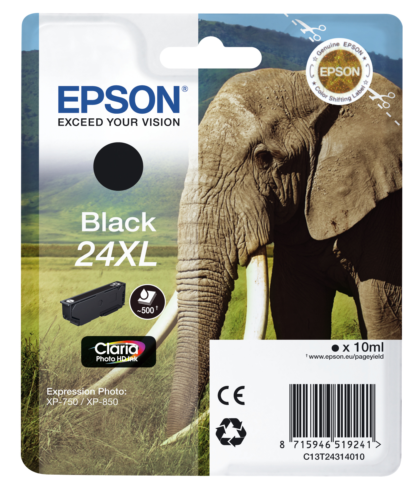 Epson Elephant Singlepack Black 24XL Claria Photo HD Ink