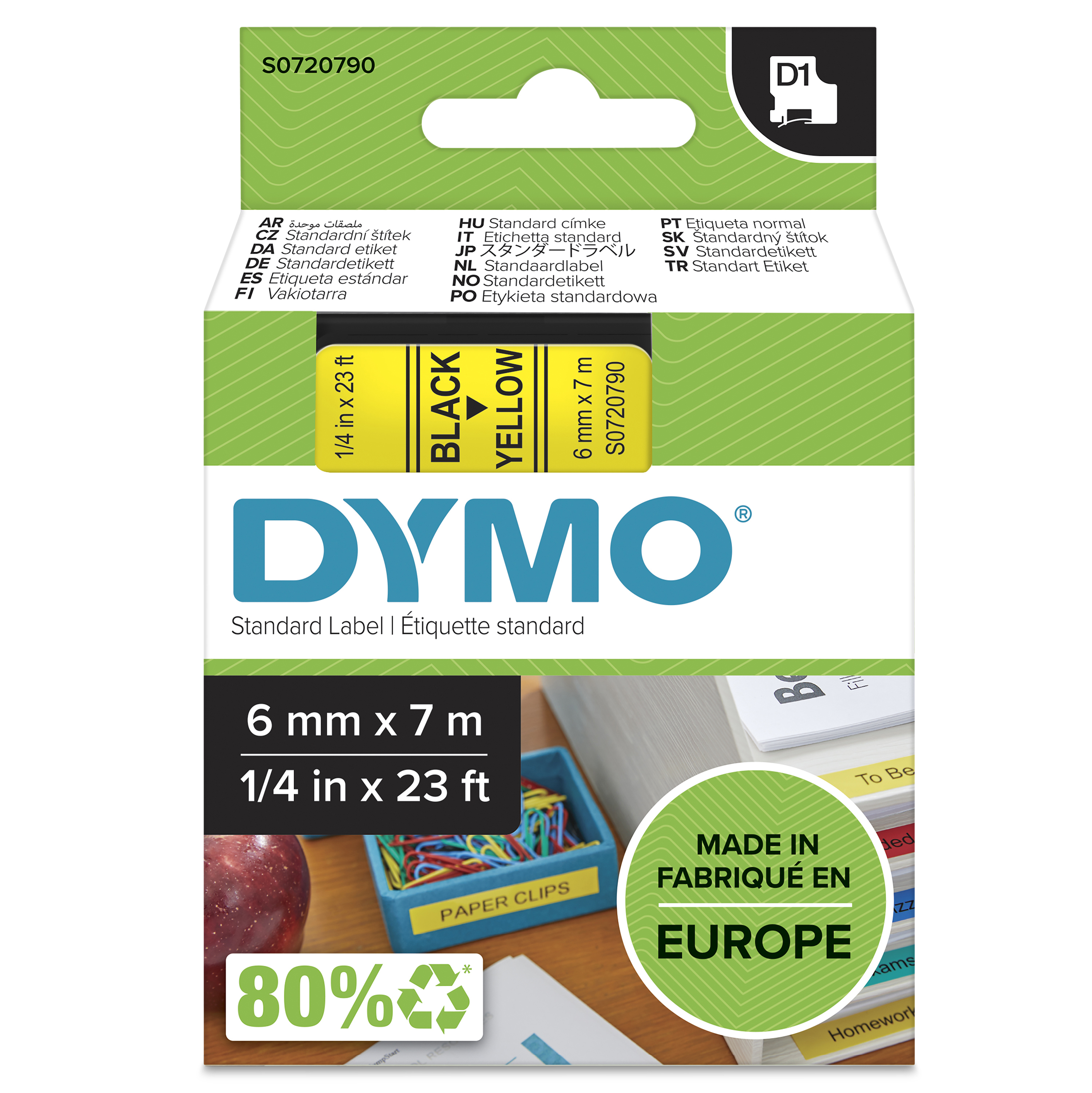 DYMO D1 étiquettes autocollantes authentiques | rouleau de 6 mm x 7 m | impression en noir sur fond jaune | autocollantes | pour étiqueteuses LabelManager