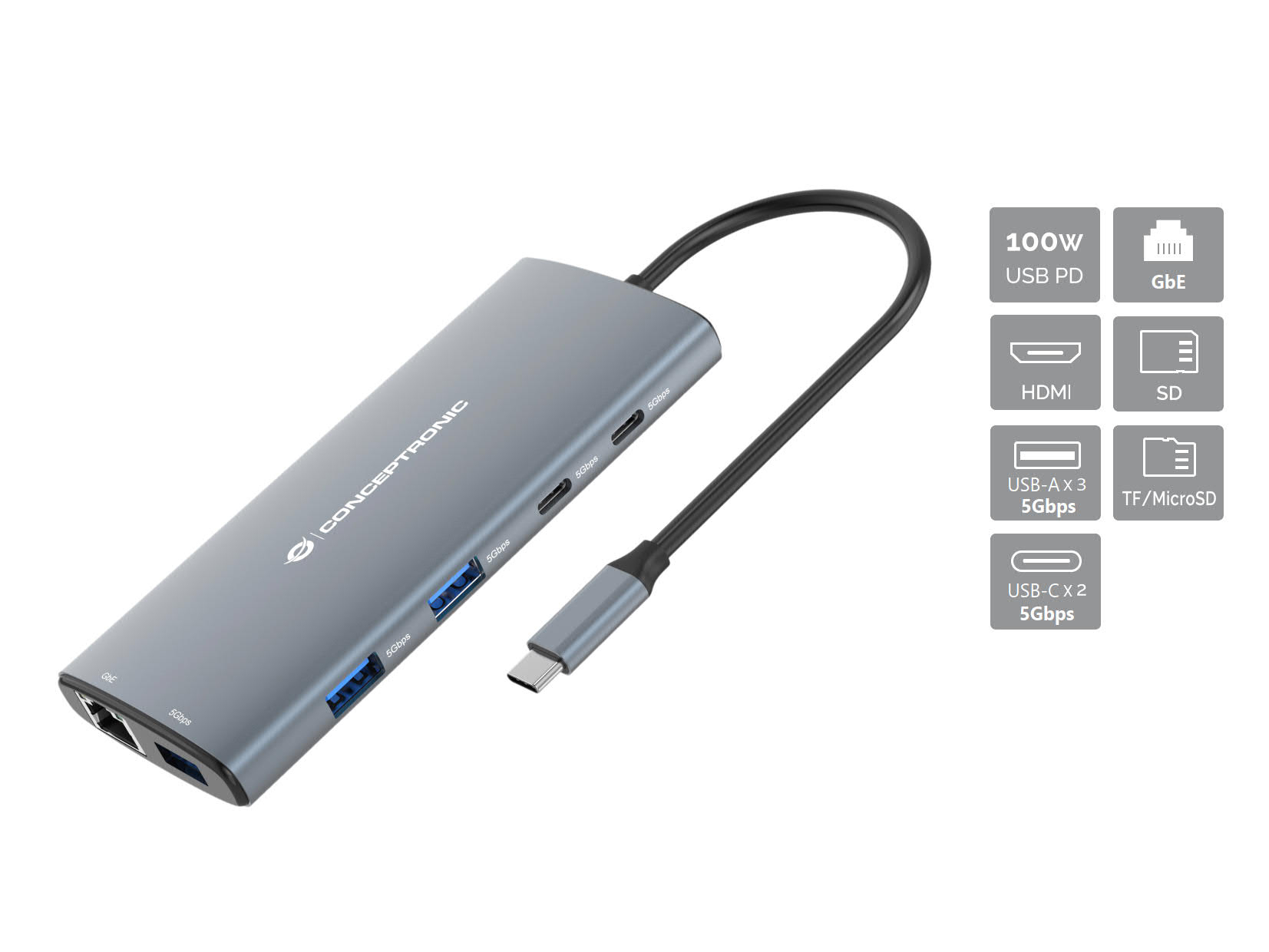 Conceptronic DONN06G replicatore di porte e docking station per laptop Cablato USB 3.2 Gen 1 (3.1 Gen 1) Type-C Grigio