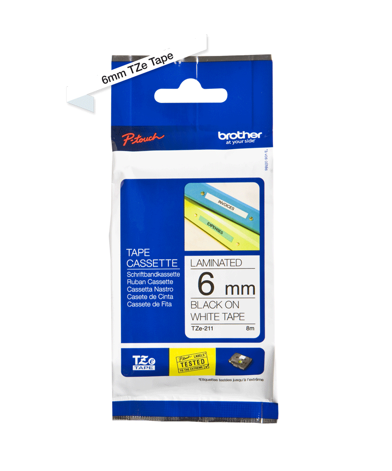 Cinta Brother TZE211 - Texto Negro sobre Fondo Blanco - 6mm x 8mts. - TZE211