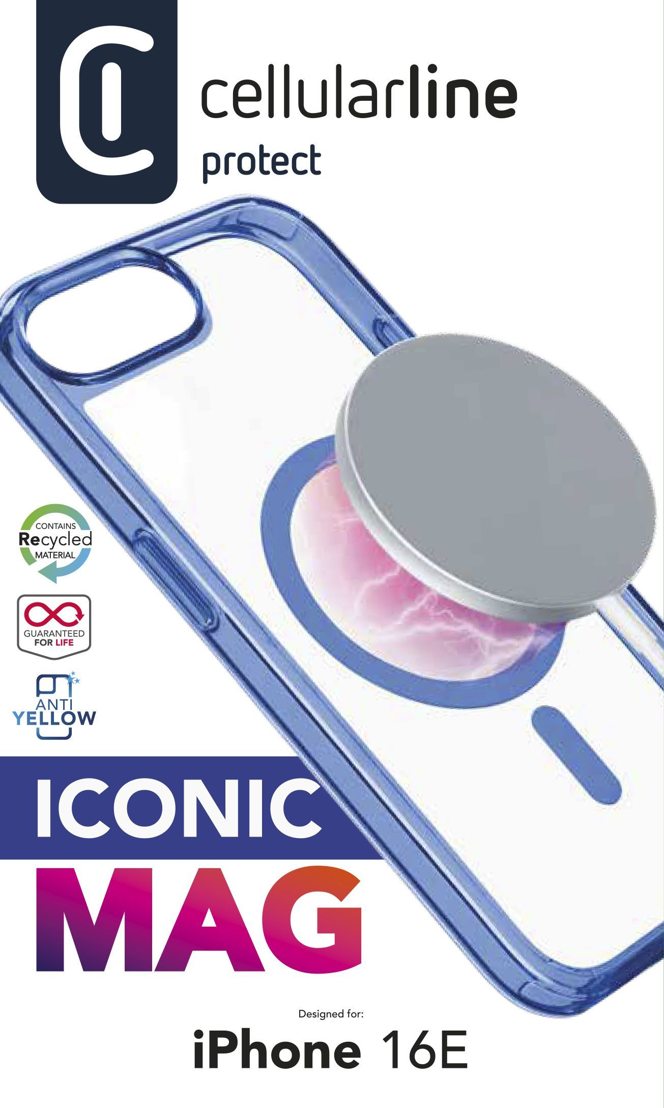 Cellularline Iconic Mag - iPhone 16E Custodia trasparente con bordi colorati compatibile con ecosistema Magsafe