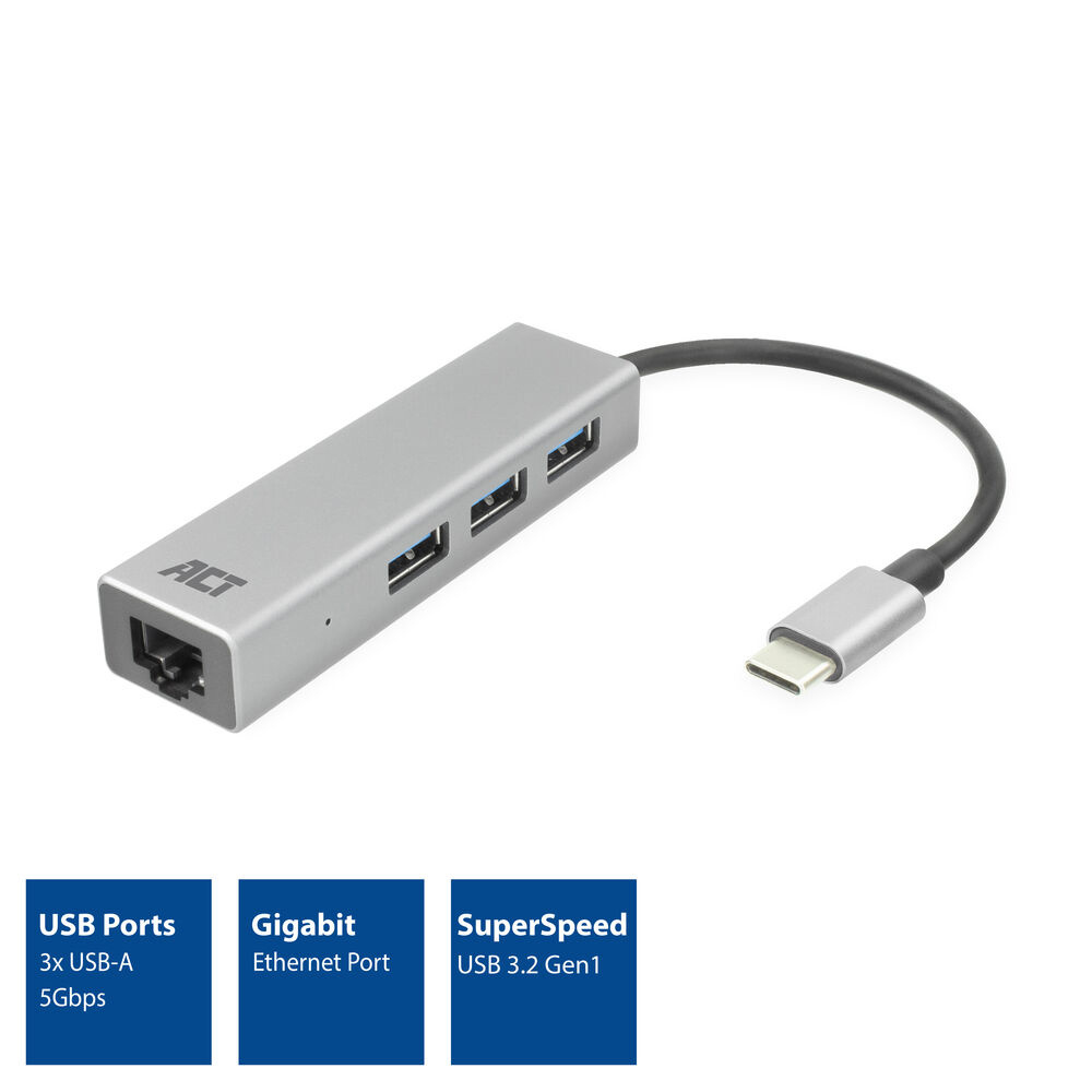 ACT USB-C hub 3.0, 3x USB-A, Gigabit ethernet – image 2