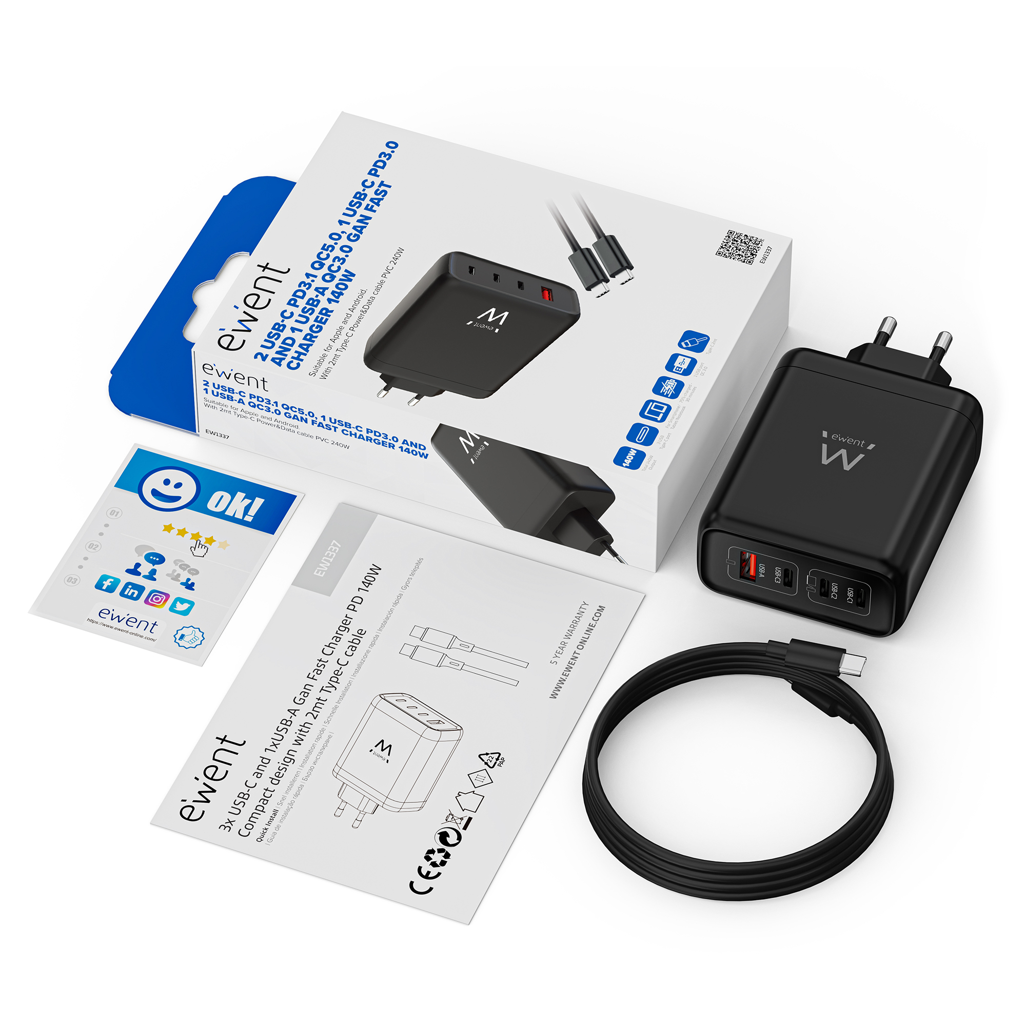 Ewent 140W GaN Fast 4-port (3 USB-C PD and 1 USB-A QC) charger Compact Design with 2m USB-C Cable – image 2