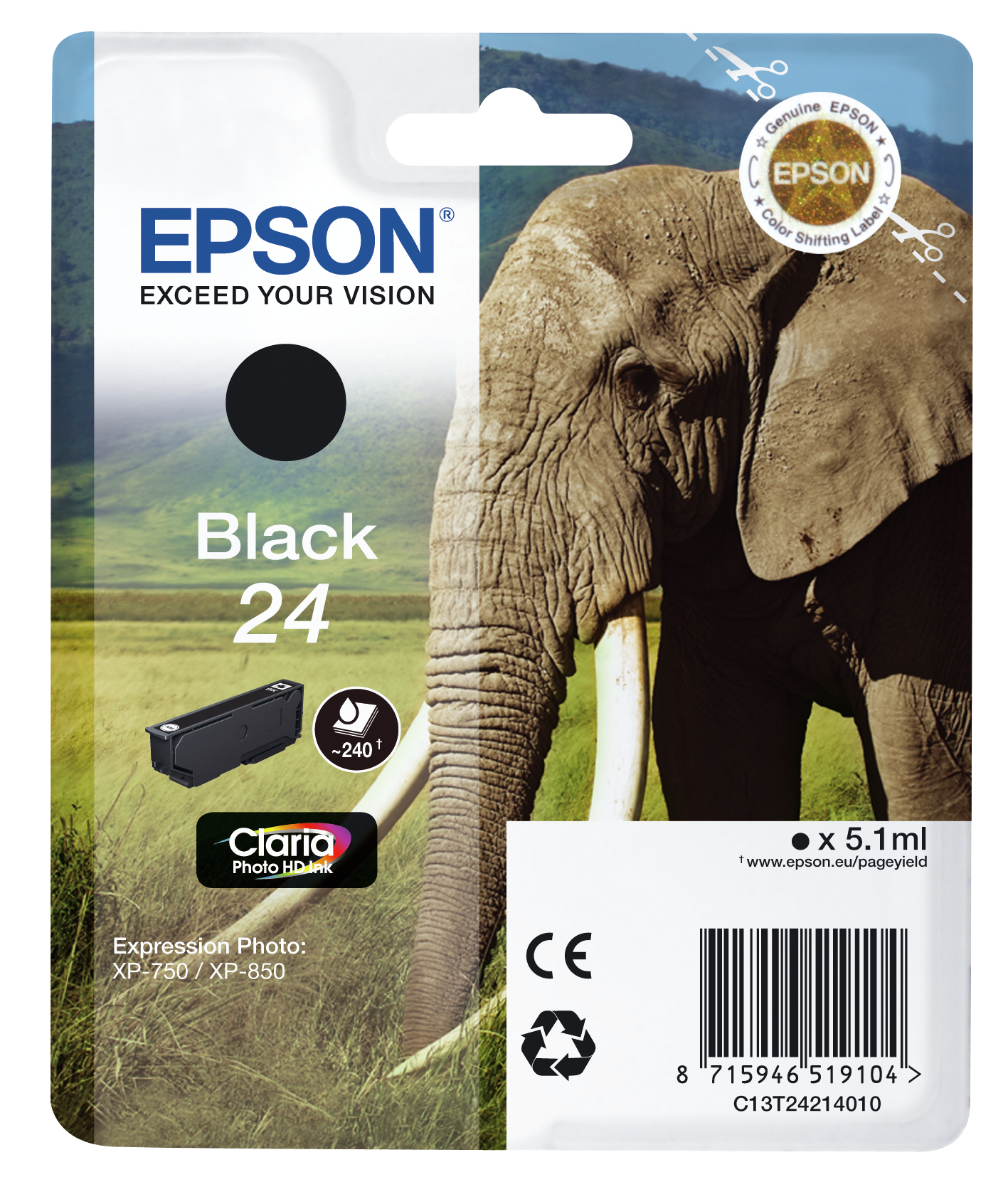 Epson Elephant Singlepack Black 24 Claria Photo HD Ink – image 1