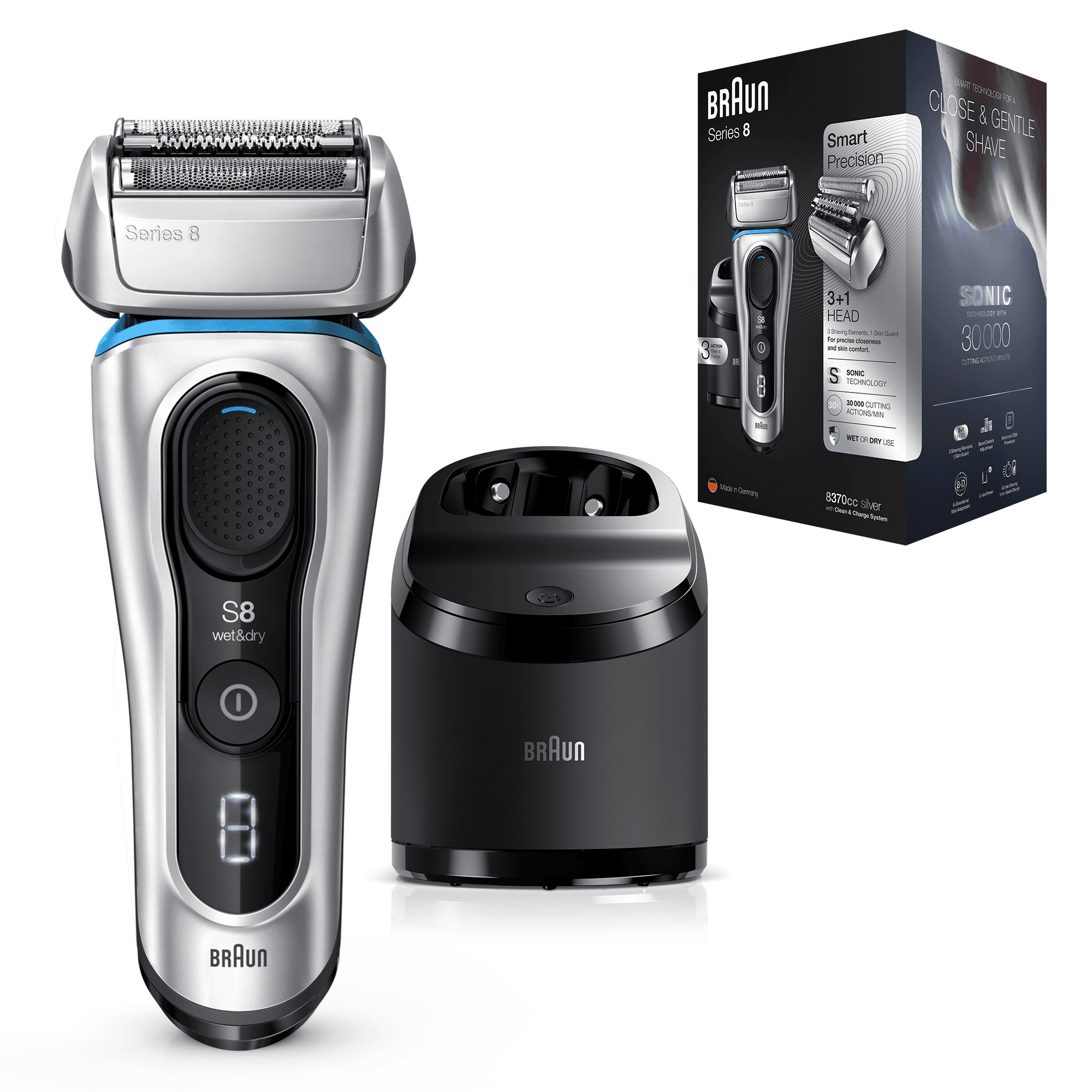 Braun Series 8 8390cc Next Generation Electric Shaver, Clean&Charge Station, Fabric Case, Silver – image 3