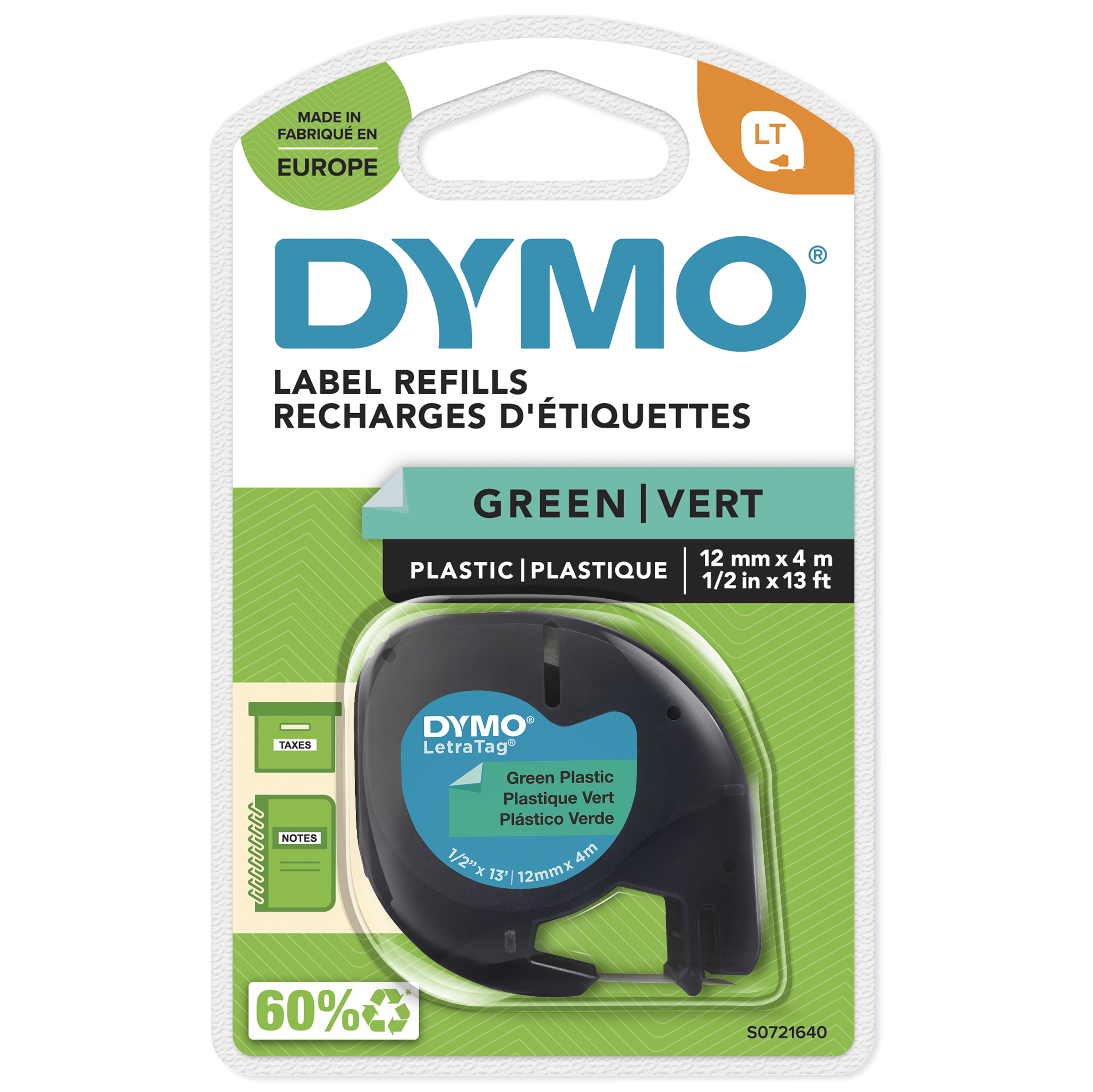DYMO LetraTag Étiquettes en plastique Authentique | 12 mm x 4 m | impression en noir sur fond vert | Étiquettes autocollantes pour étiqueteuse LetraTag