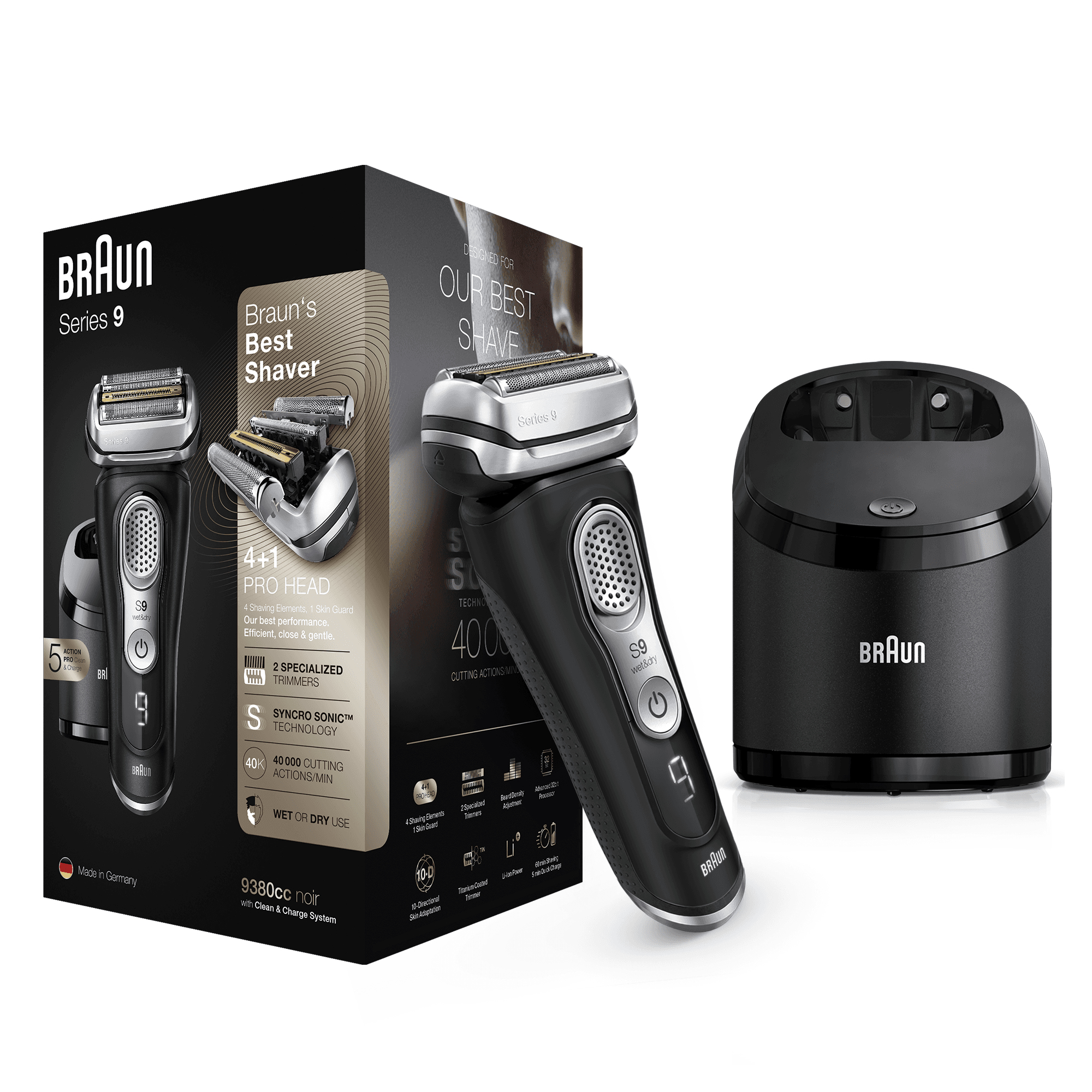 Braun Series 9 9380cc Latest Generation Electric Shaver, Clean&Charge Station, Leather Case, Noir – image 2