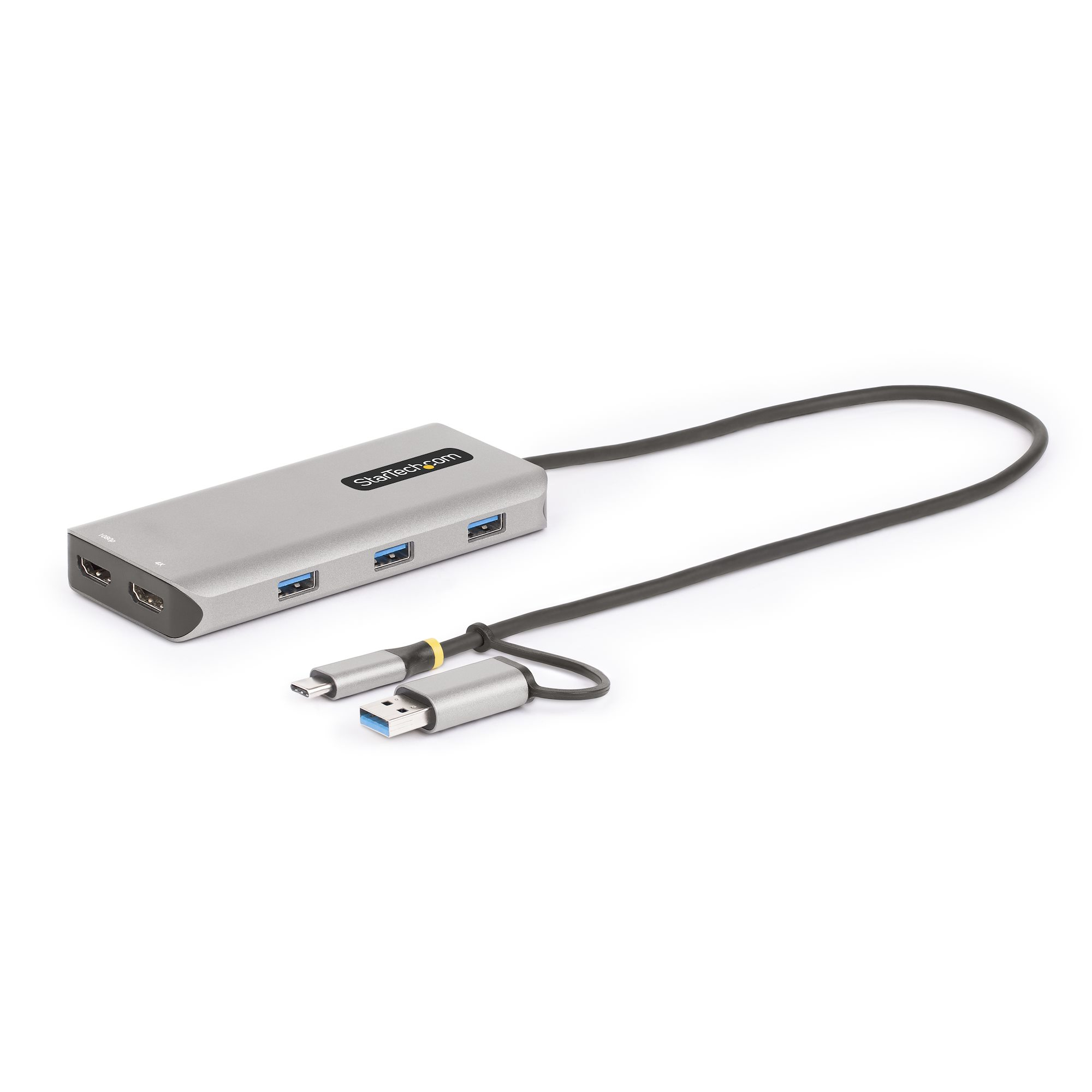StarTech.com USB-C Multiport Adapter w/Attached USB-C to USB-A Dongle, Dual HDMI (4K30Hz/1080p60Hz), 3x USB-A 5Gbps, Mini Travel Dock, Laptop Docking Station, 1