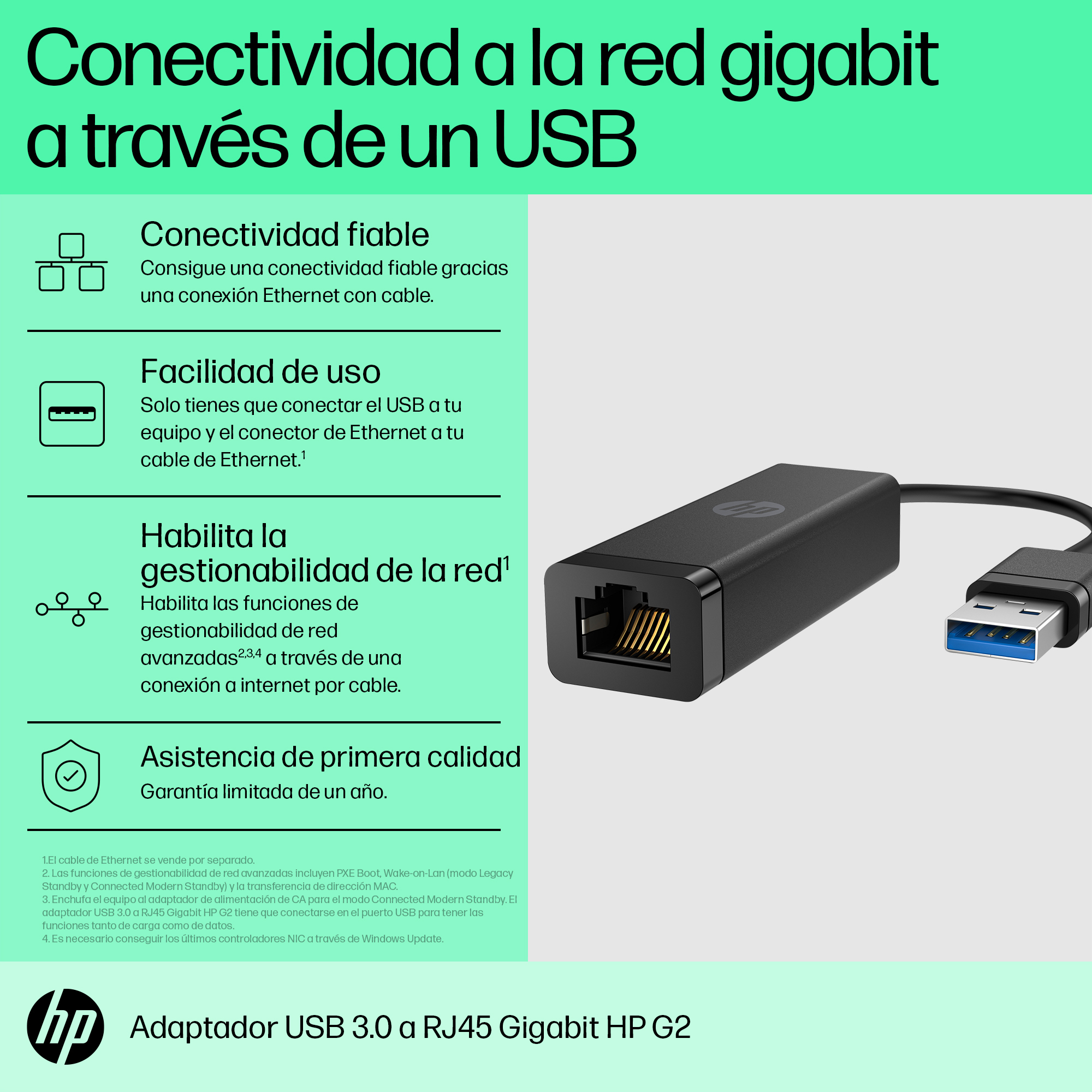 HP USB 3.0 to Gigabit RJ45 Adapter G2. Connectivity technology: Wired, Host interface: USB, Interface: Ethernet. Product c