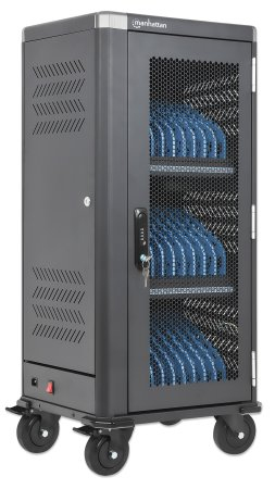 Manhattan USB-C-laadtrolley voor 30 apparaten, 30 W per poort, iPad tot 13", MacBook Air tot 13" en Chromebook tot 14"; ook tablets/smartphones, vakken 404 × 27,6 × 283 mm, USB-C-laadkabels inbegrepen, afsluitbaar