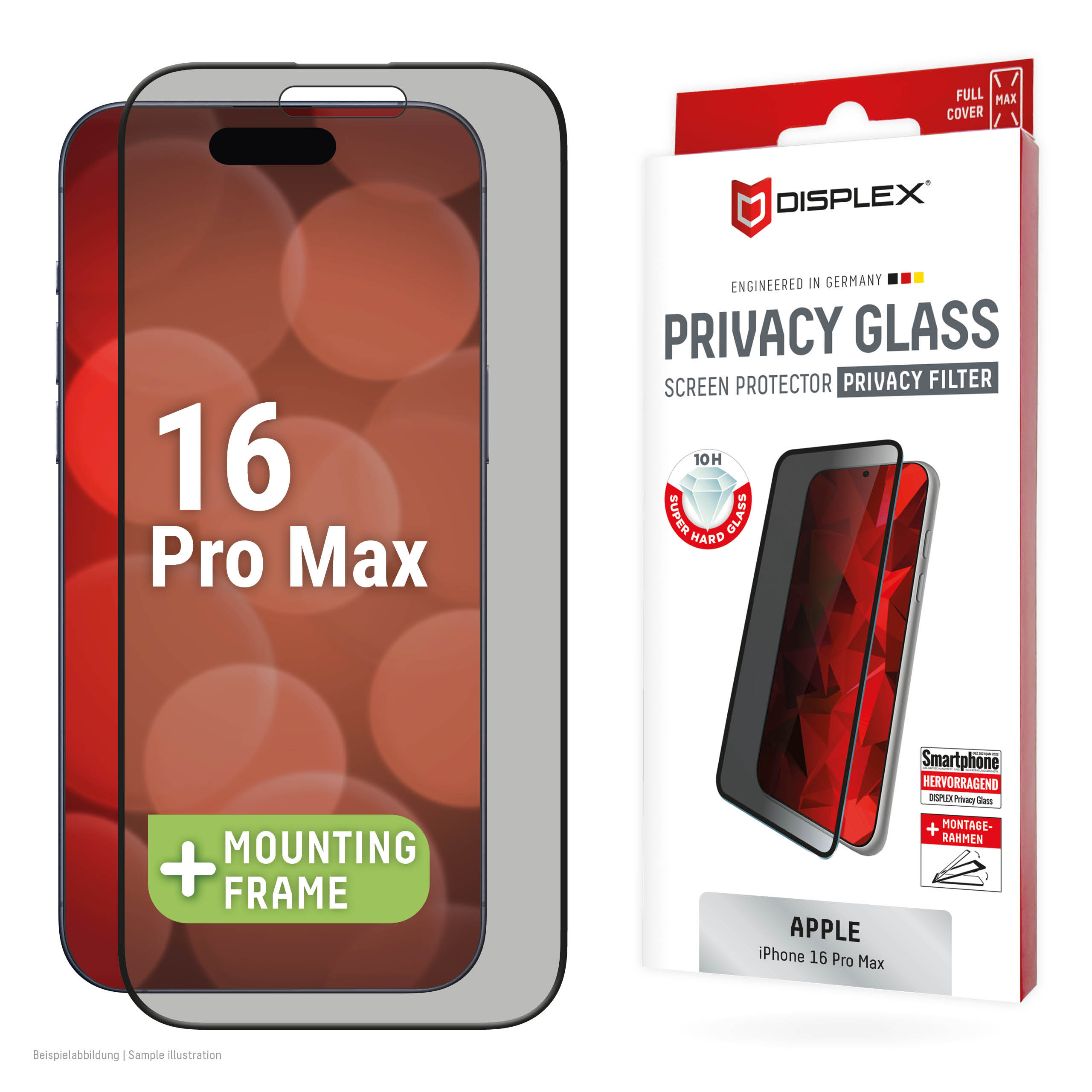 Displex Privacy Screen Protector (10H) for Apple iPhone 16 Pro Max, Eco Mounting Frame, Privacy Filter
