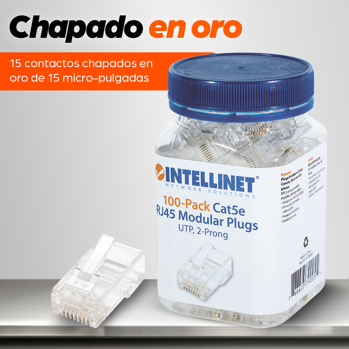 Bote con 100 Plugs RJ45 Cat5e Intellinet 790055, Contactos chapados en oro