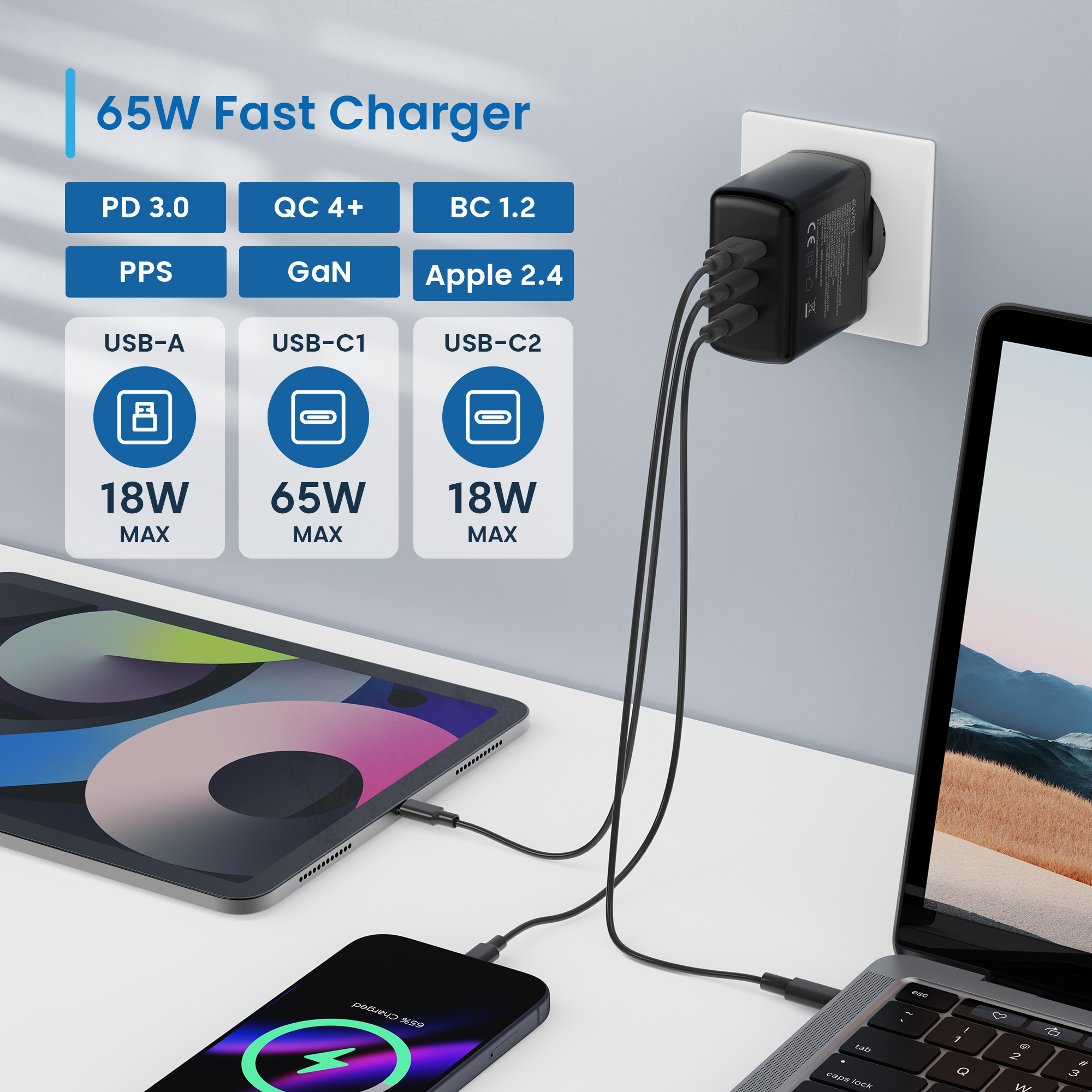 Ewent 65W GaN Fast 3-port (2 USB-C PD and 1 USB-A QC) charger, Compact Design – image 4