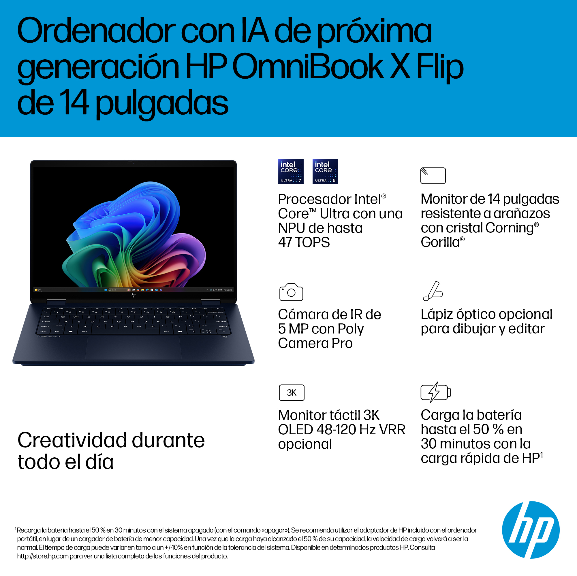 Portátil - HP OmniBook X FlipNGAI 14-fm0004ns Copilot+ PC, 14" 3K, Intel® Core™ Ultra 7, 32GB RAM, 1TB SSD, Gráficos Intel Arc™, Windows 11 Home, Azul - imagen 5