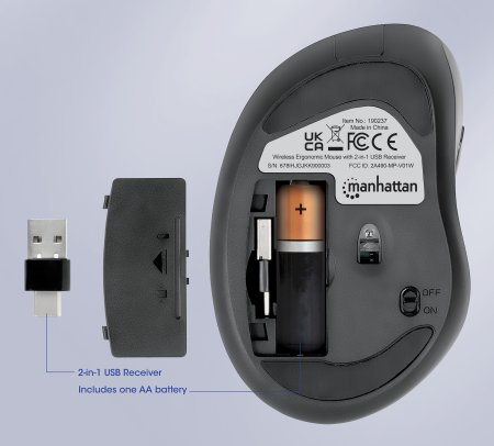 Manhattan Ergonomic Wireless Mouse, Right Handed, Adjustable 800/1200/1600dpi – image 6