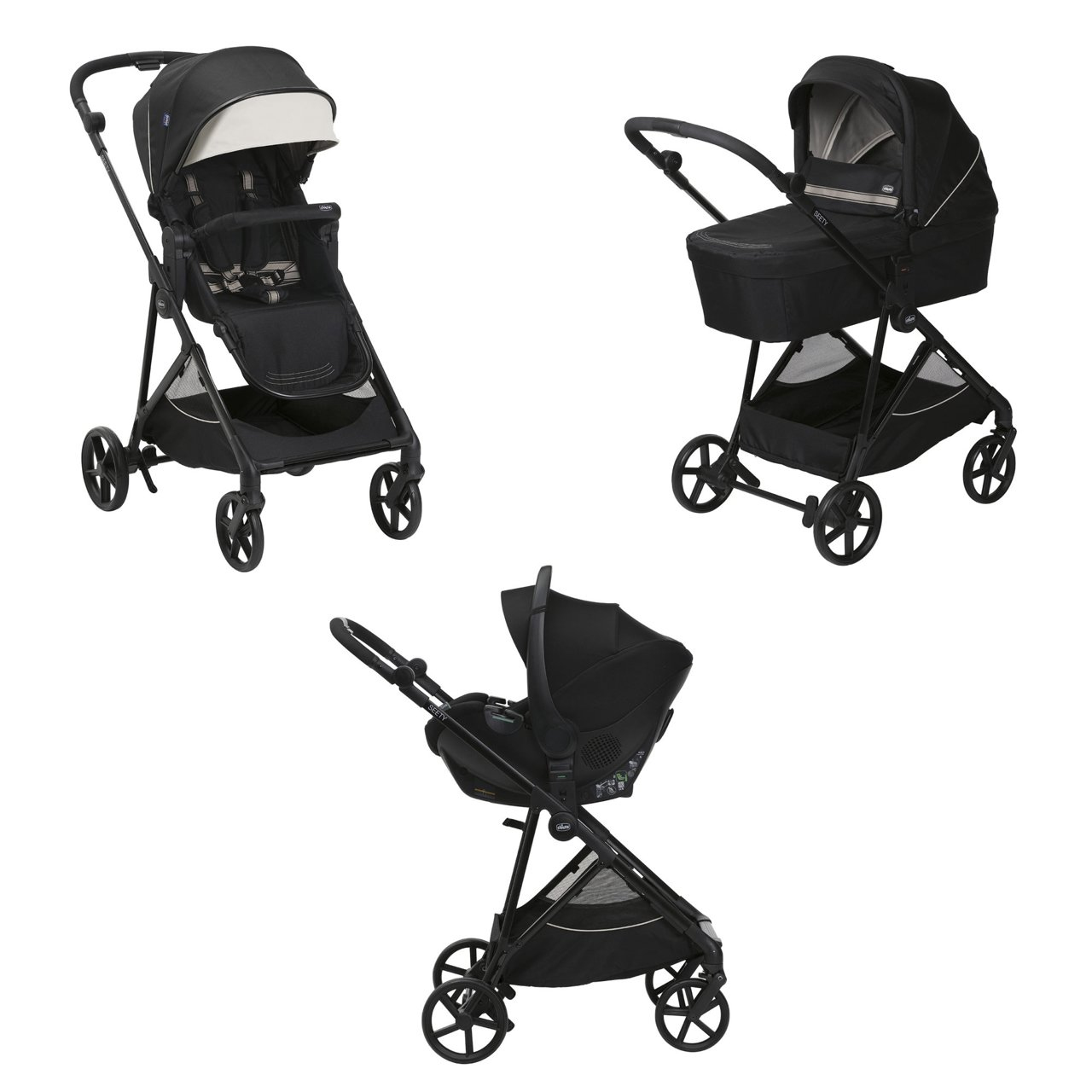 Chicco Seety Geleneksel Bebek Arabası, Siyah, 1 Koltuk, Katlanabilir, SPF 50