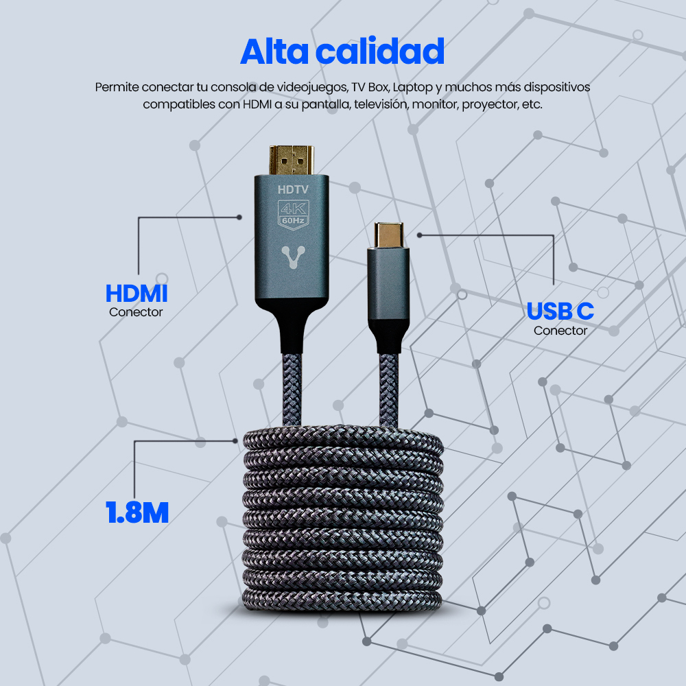 Cable Vorago CAB-310 - USB-C a HDMI - 1.8m - Negro - CAB-310 Cable Vorago CAB-310 - USB-C a HDMI - 1.8m - Negro - CAB-310