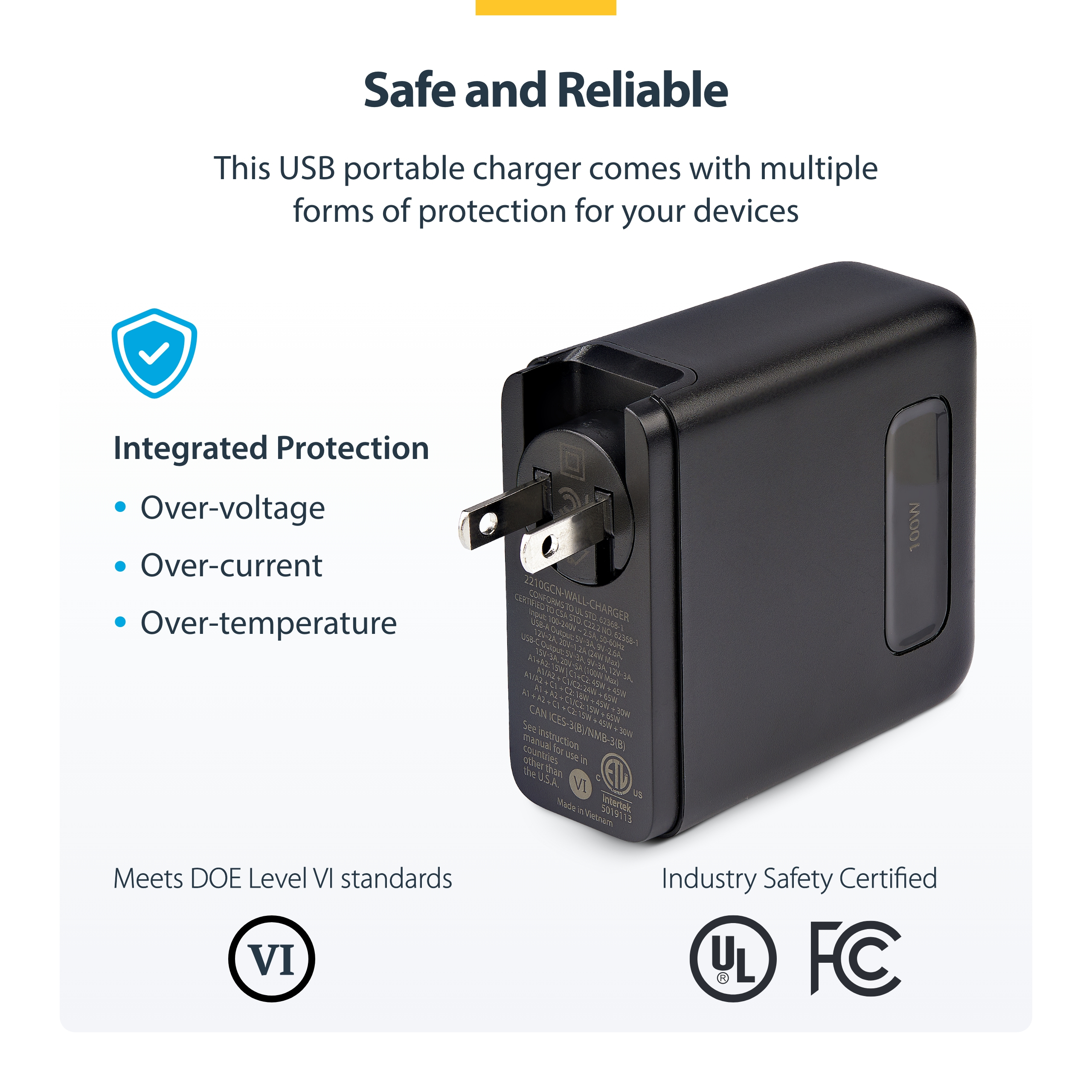 Resim StarTech.com 100W GaN USB-C PD 3.0 Duvar Tipi Şarj Cihazı, 2x USB-C, 2x USB-A, 1.8m Kablo, Siyah